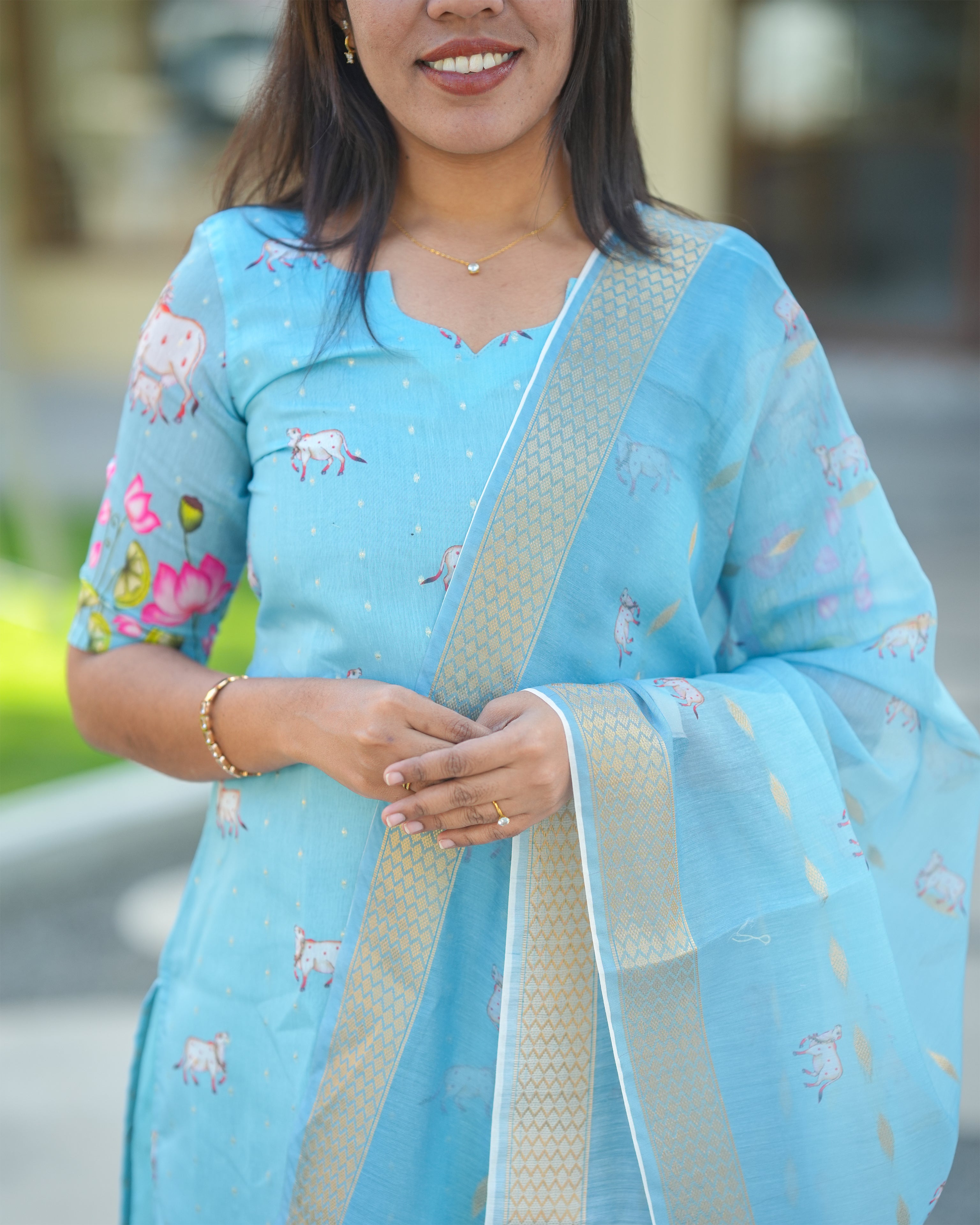 Sky Blue Floral Printed Kurti with Dupatta