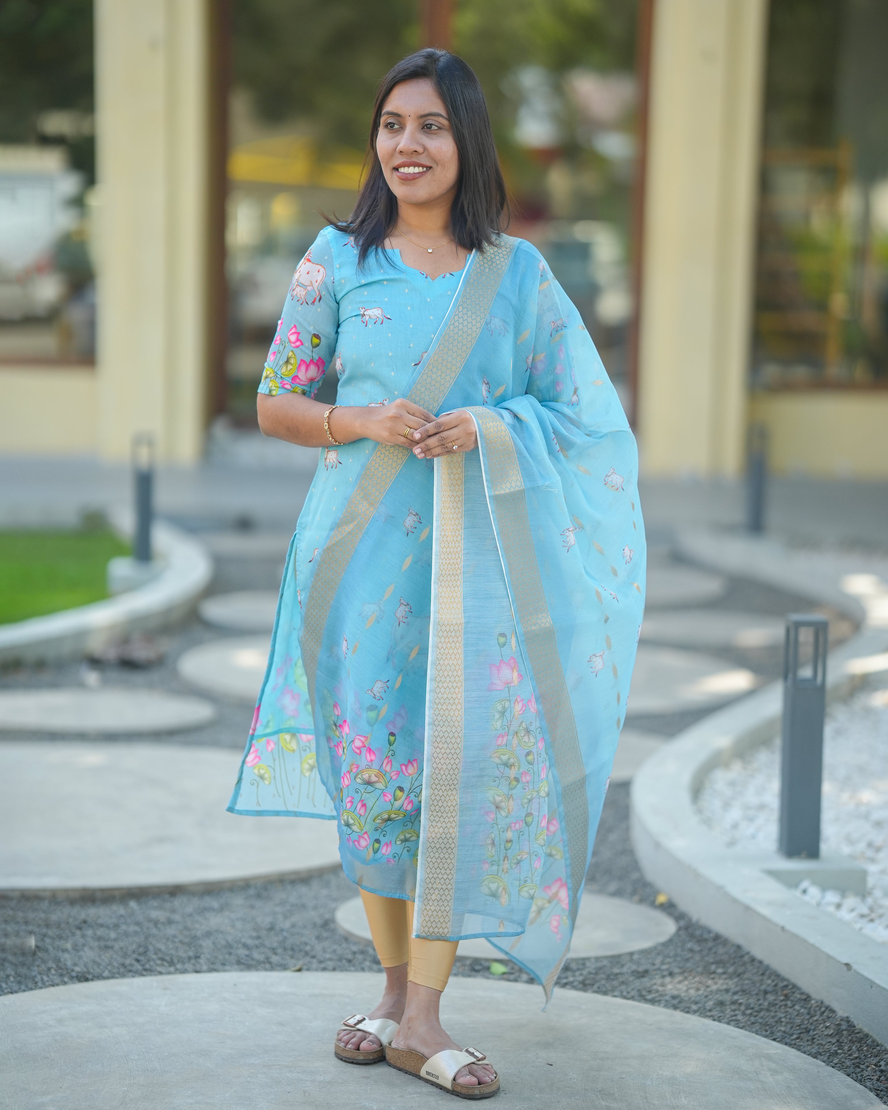 Sky Blue Floral Printed Kurti with Dupatta