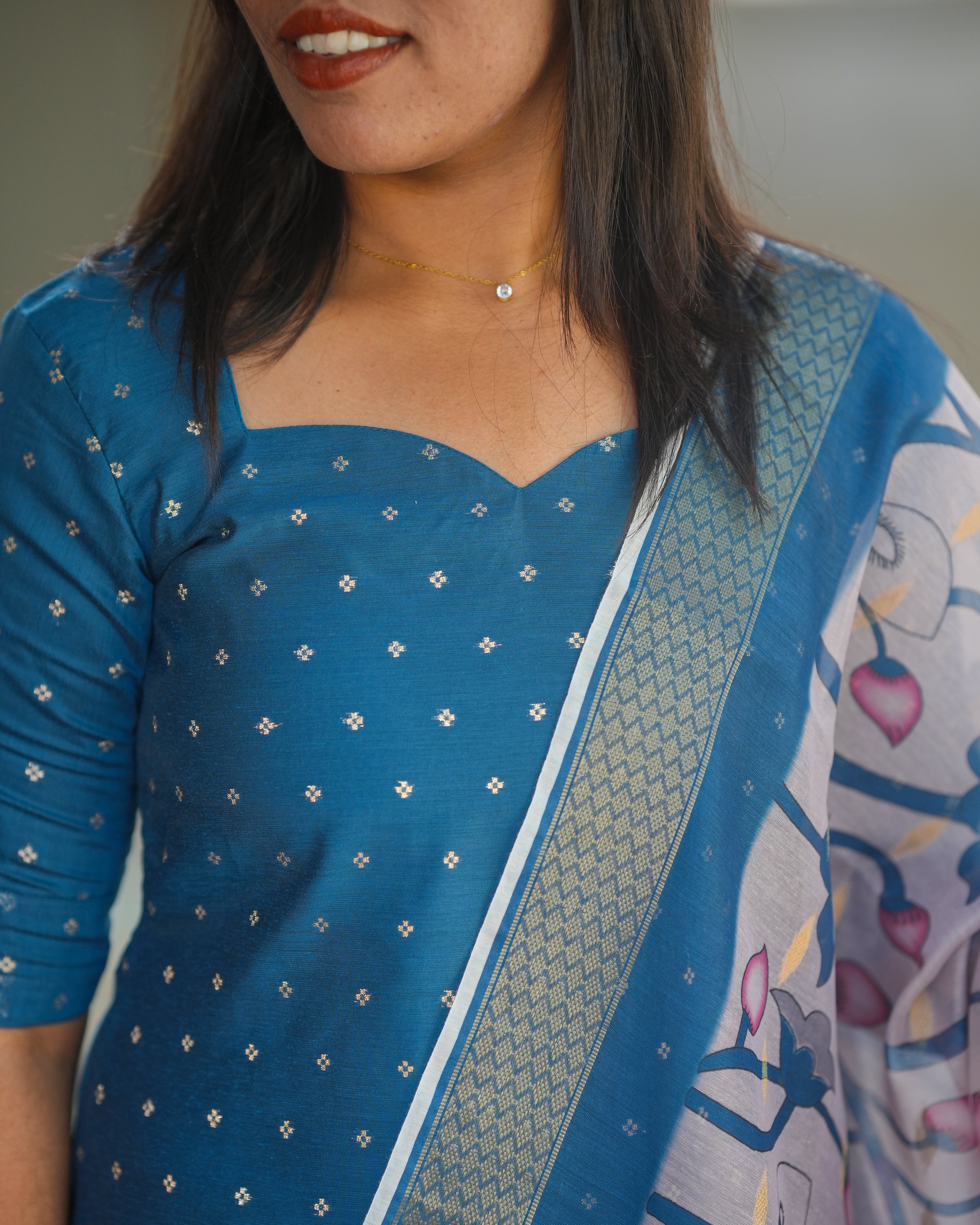 Teal Blue Printed Kurti with Floral Dupatta