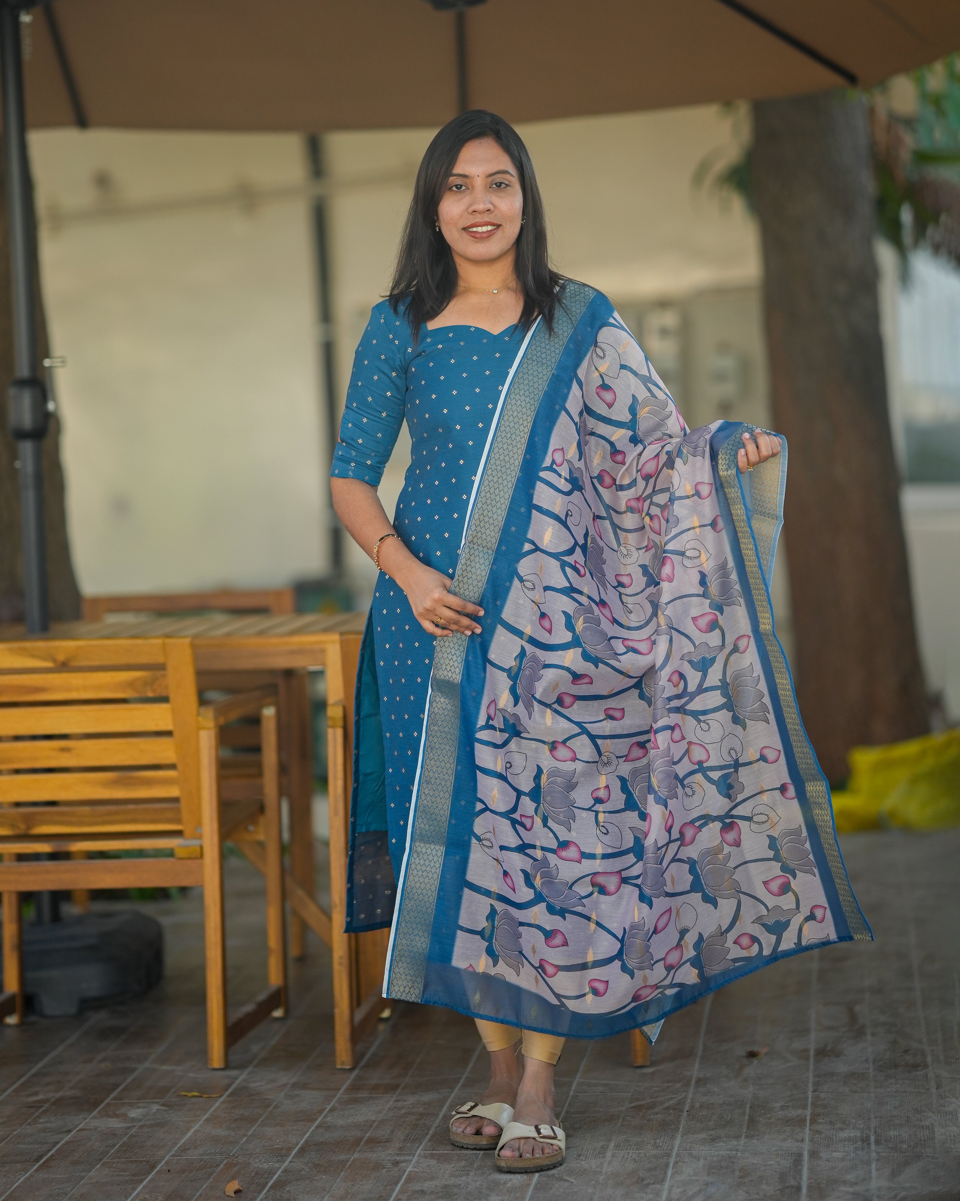 Teal Blue Printed Kurti with Floral Dupatta