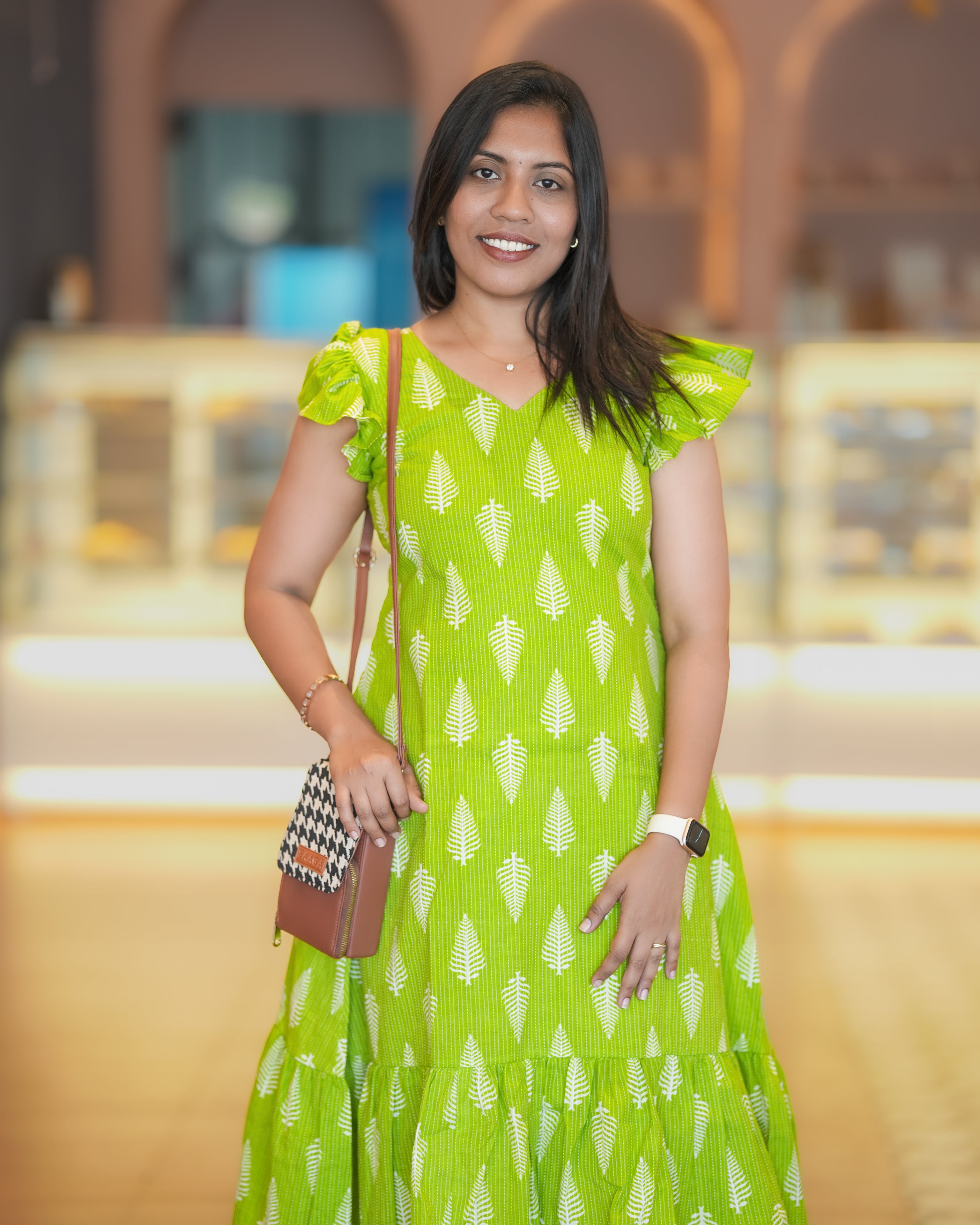 Green Leaf Print Cotton Midi Dress