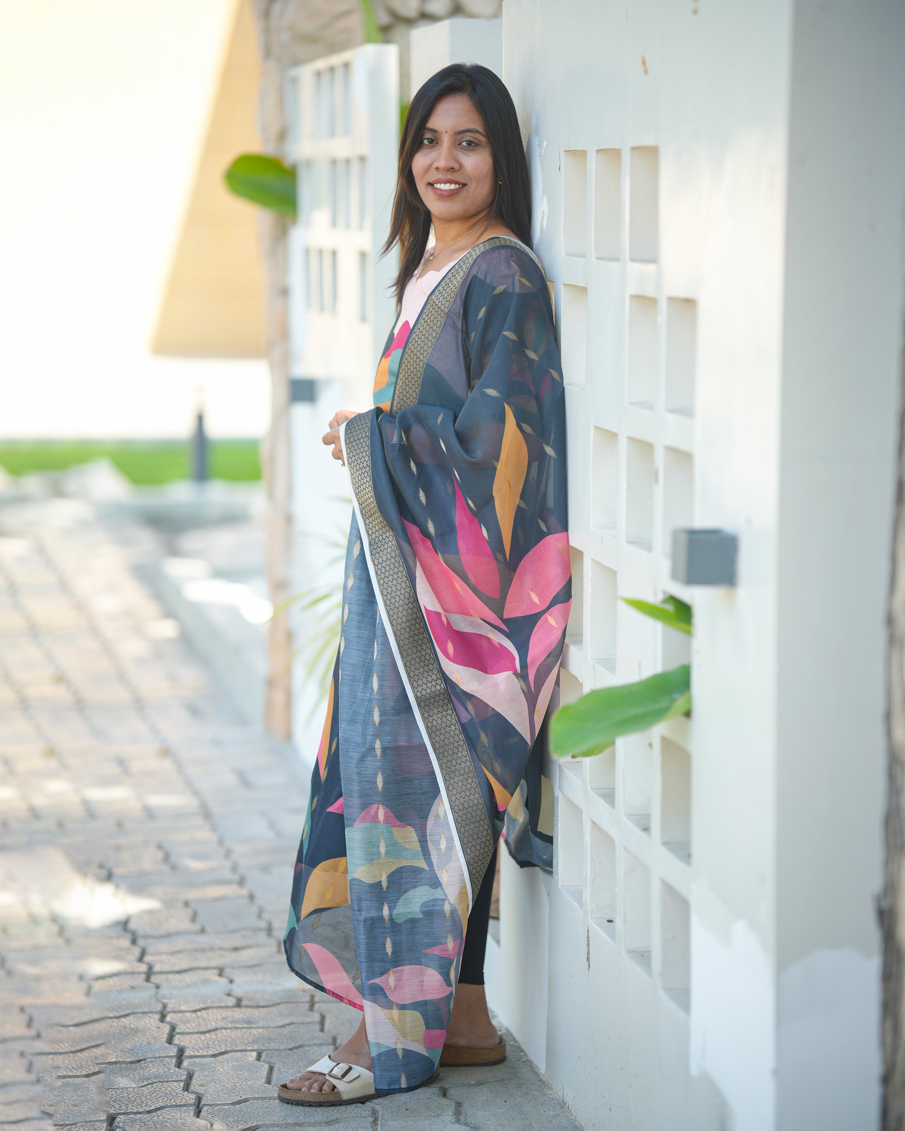 Teal Blue Printed Kurti with Floral Dupatta