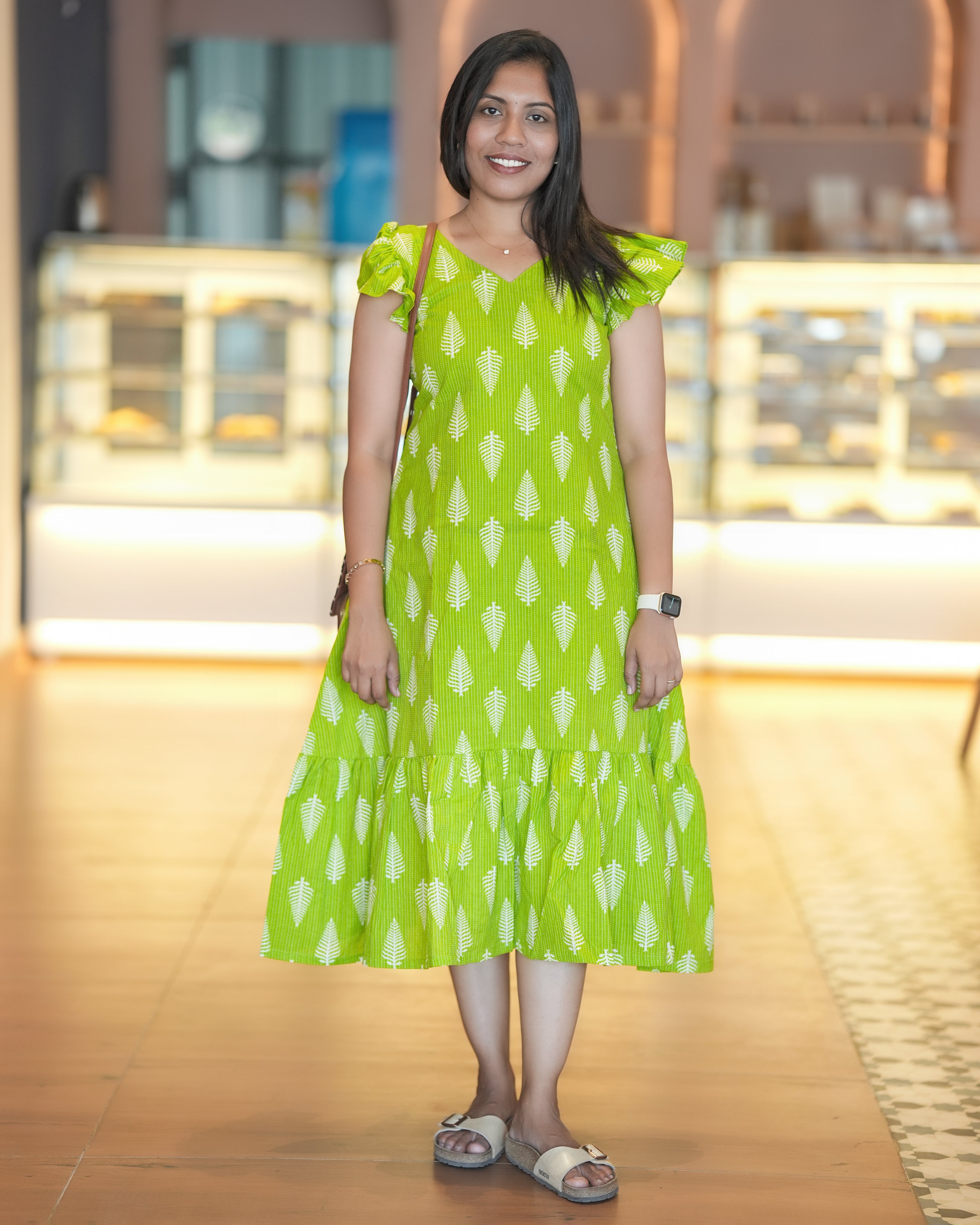 Green Leaf Print Cotton Midi Dress