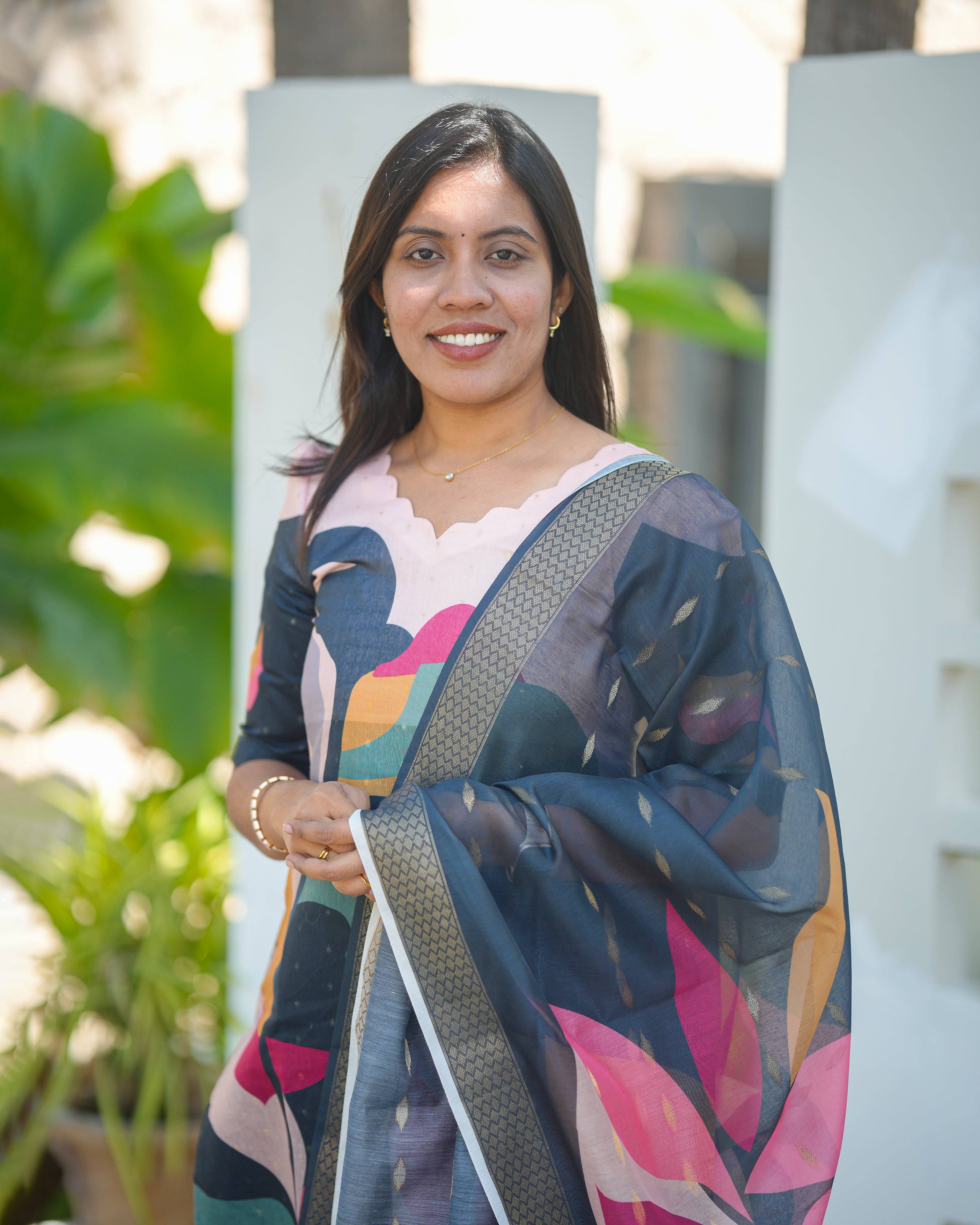 Black Multicolor Leaf Printed Kurti with Dupatta