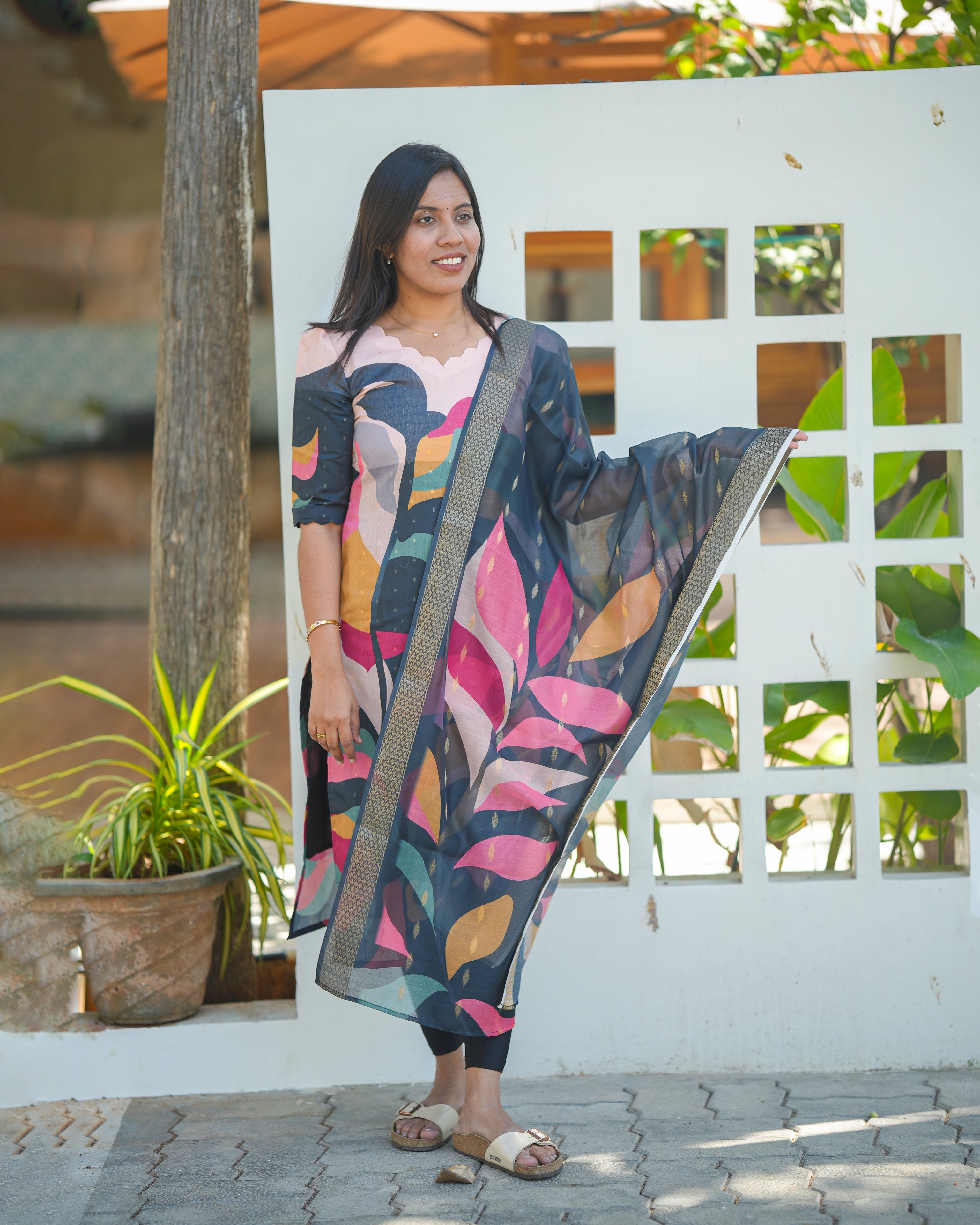 Black Multicolor Leaf Printed Kurti with Dupatta