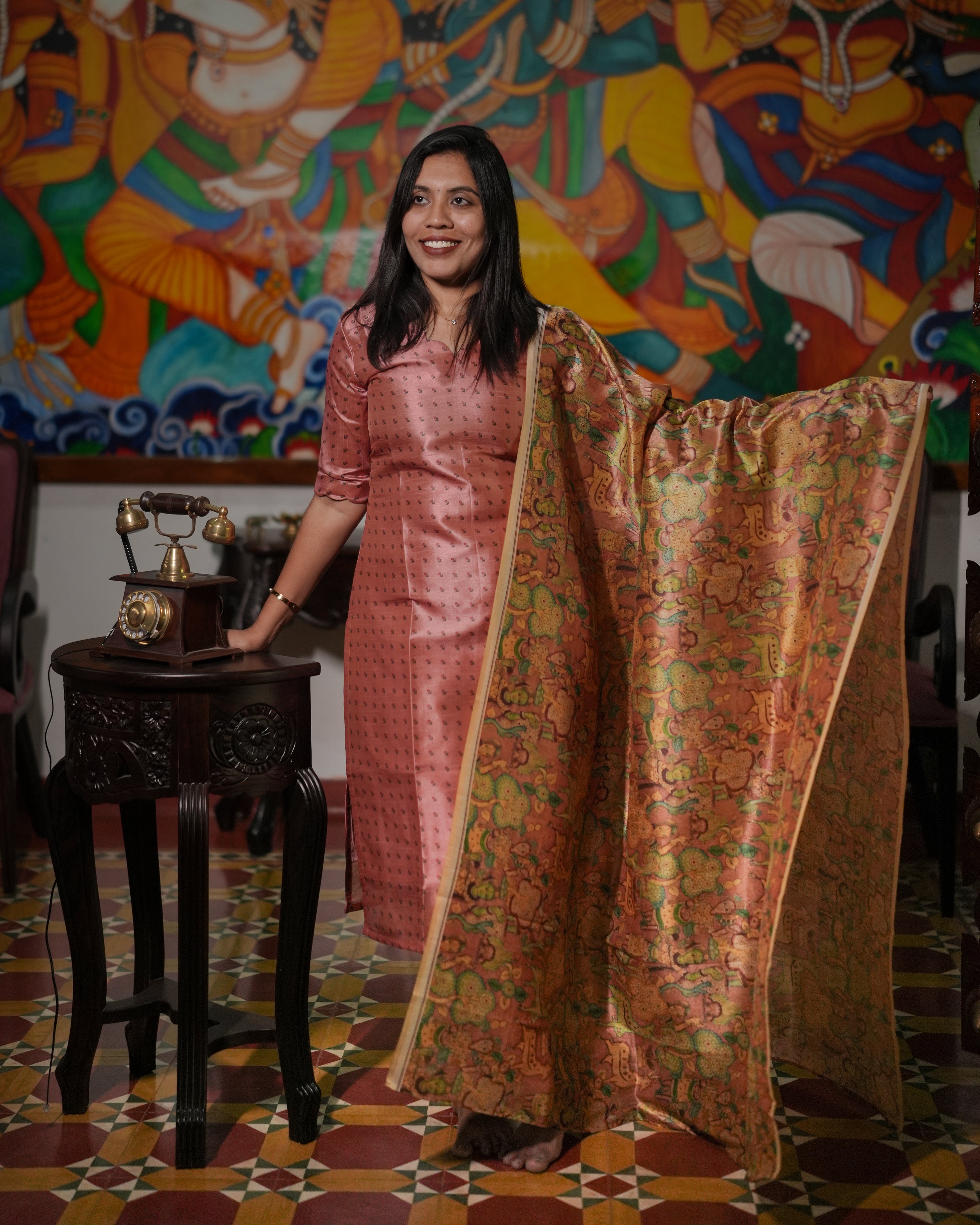 Dusty Pink Kurta Set with Kalamkari Printed Dupatta