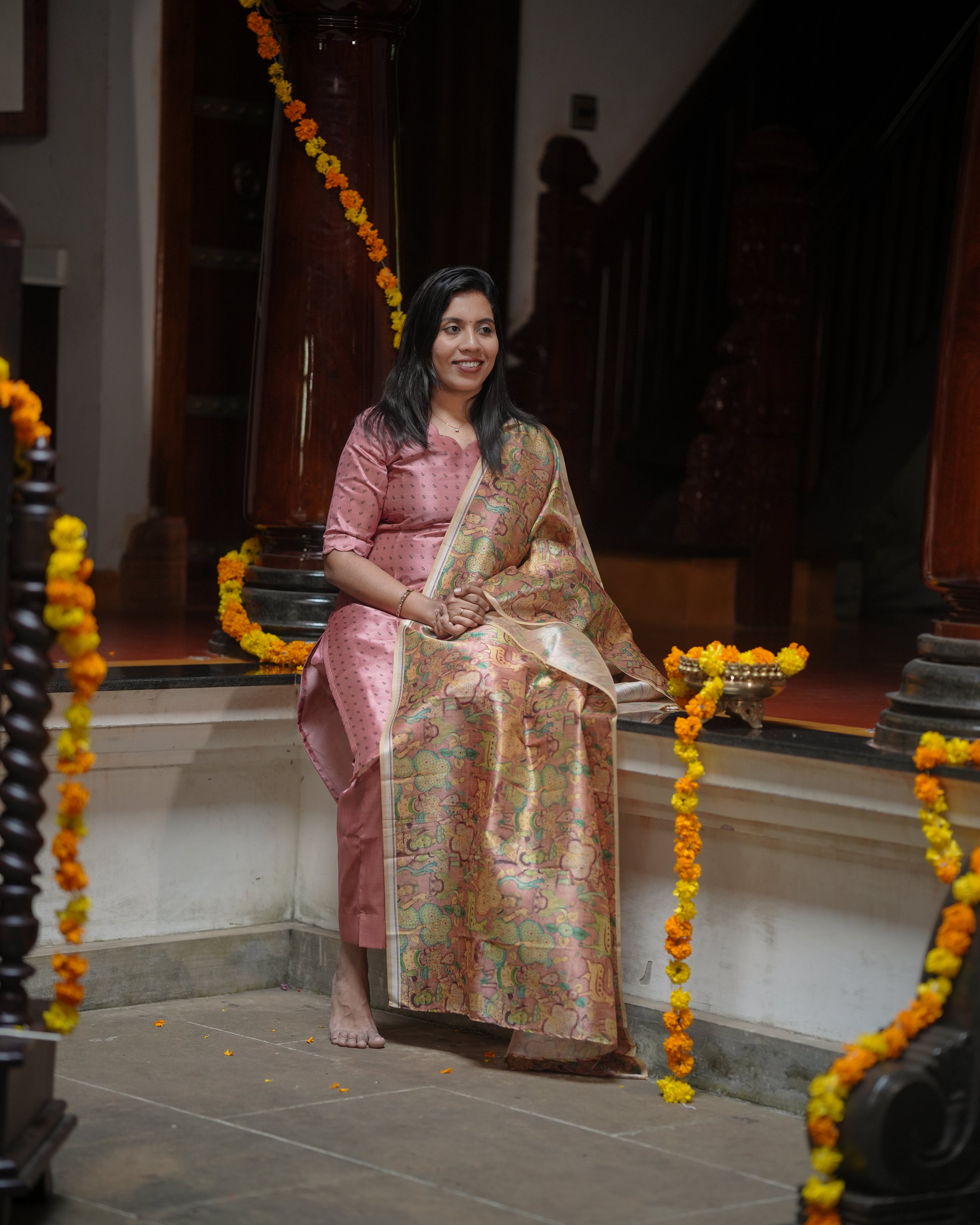 Dusty Pink Kurta Set with Kalamkari Printed Dupatta
