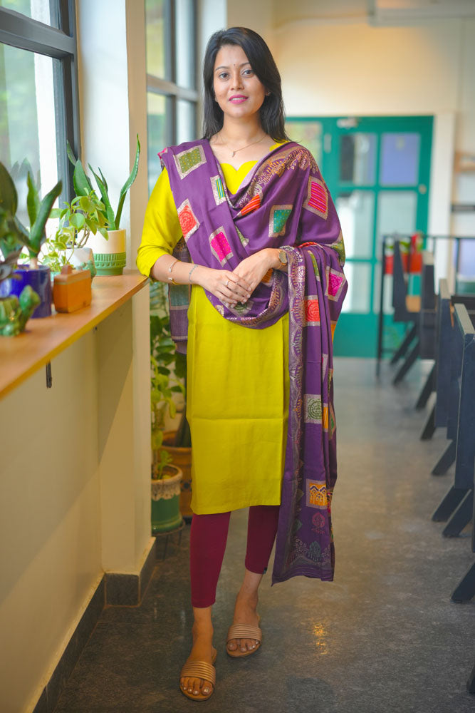 Lime Yellow kurti with Purple dupatta