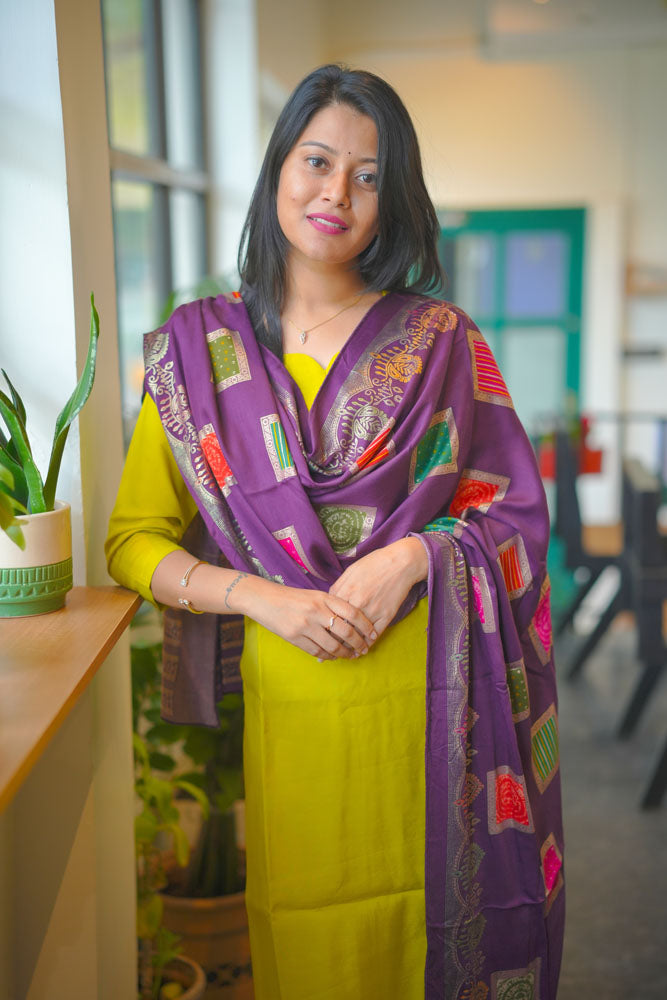 Lime Yellow kurti with Purple dupatta
