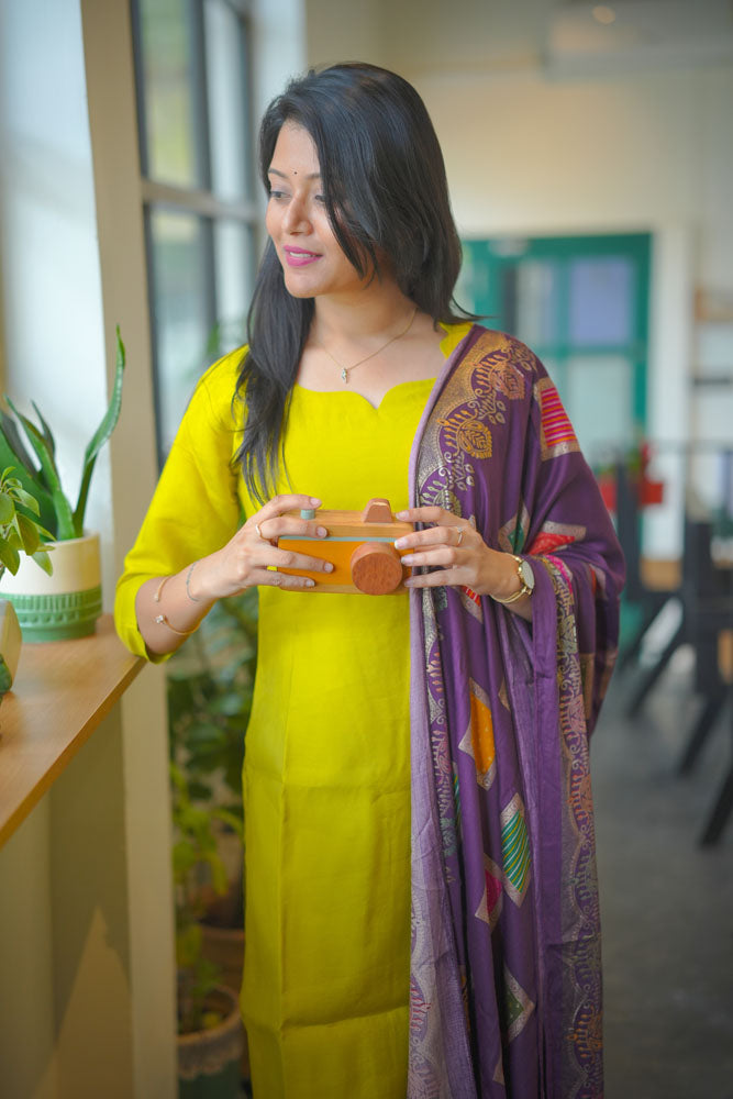 Lime Yellow kurti with Purple dupatta