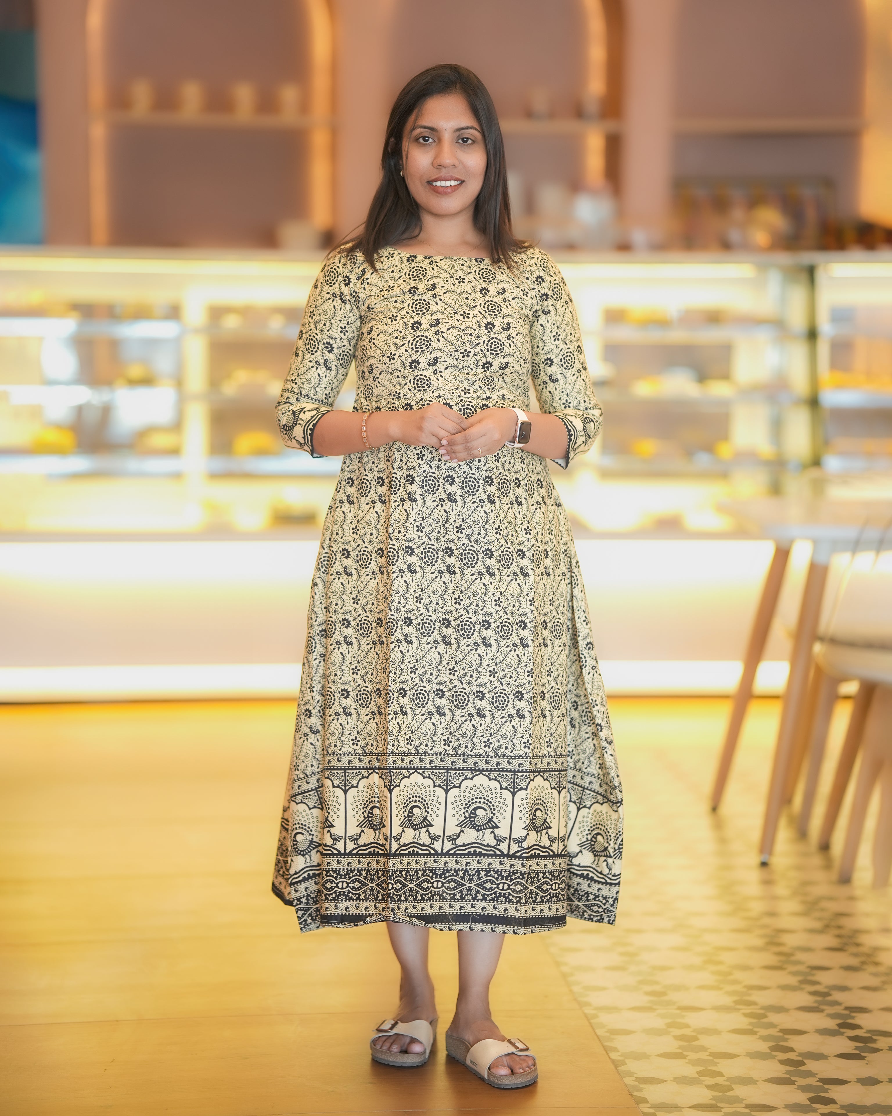 Beige Printed Cotton Midi Dress for Women