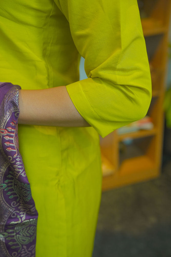 Lime Yellow kurti with Purple dupatta