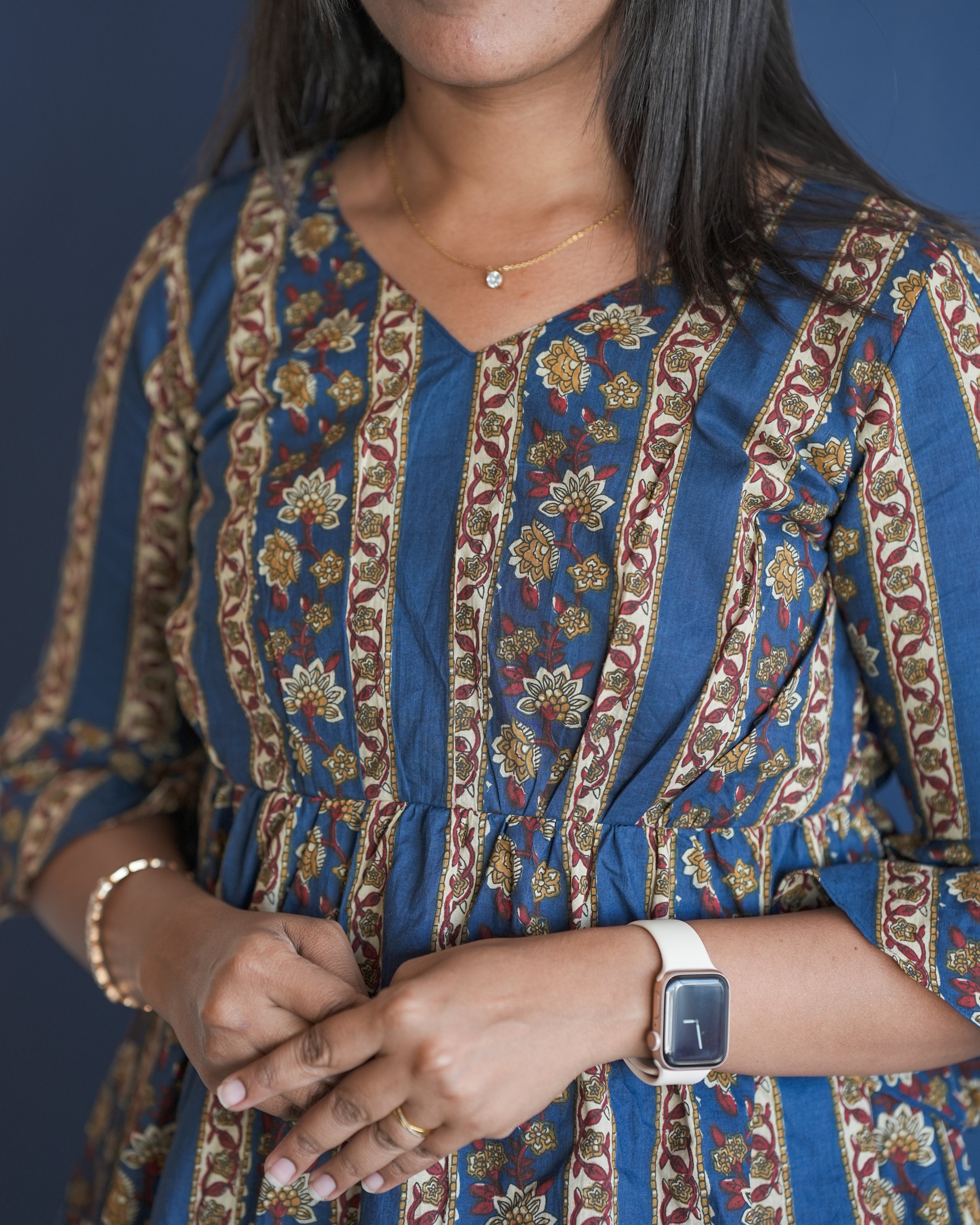 Blue Kalamkari Pattern Cotton Midi Maxi Dress for Women