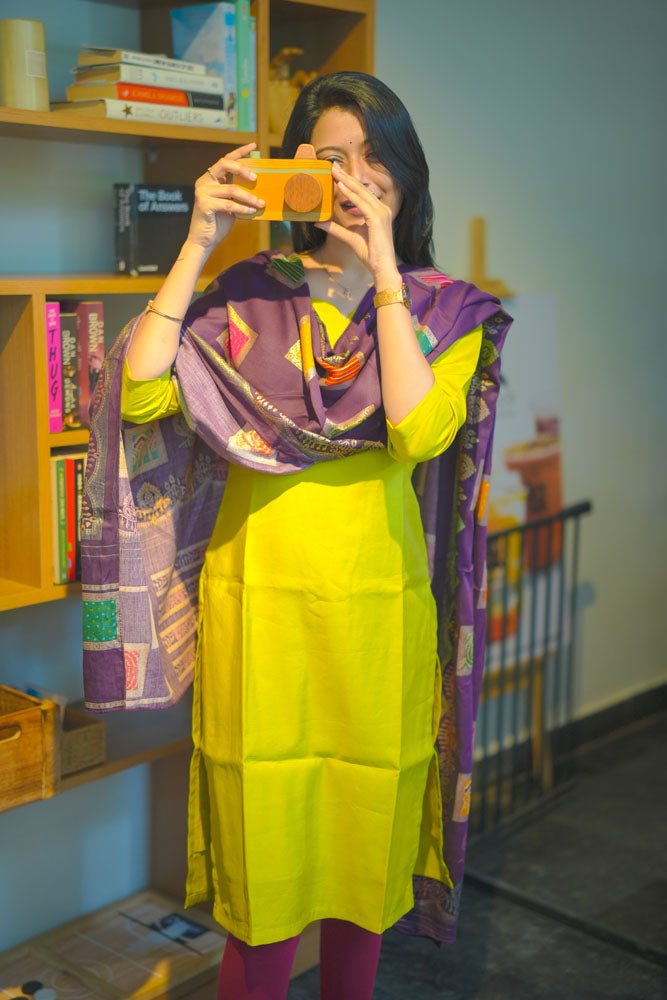 Lime Yellow kurti with Purple dupatta
