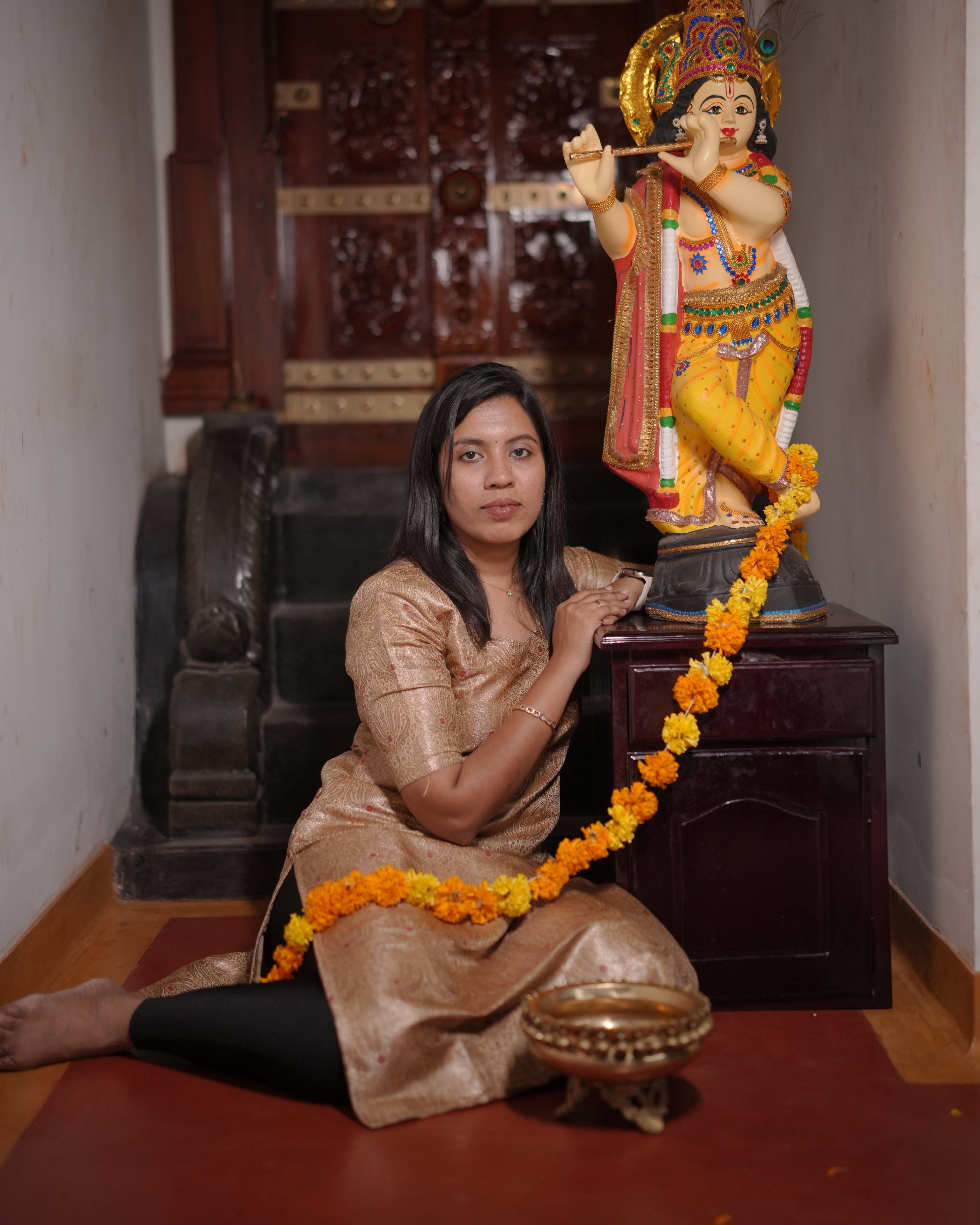 Beige Gold Ethnic Printed Straight Kurti