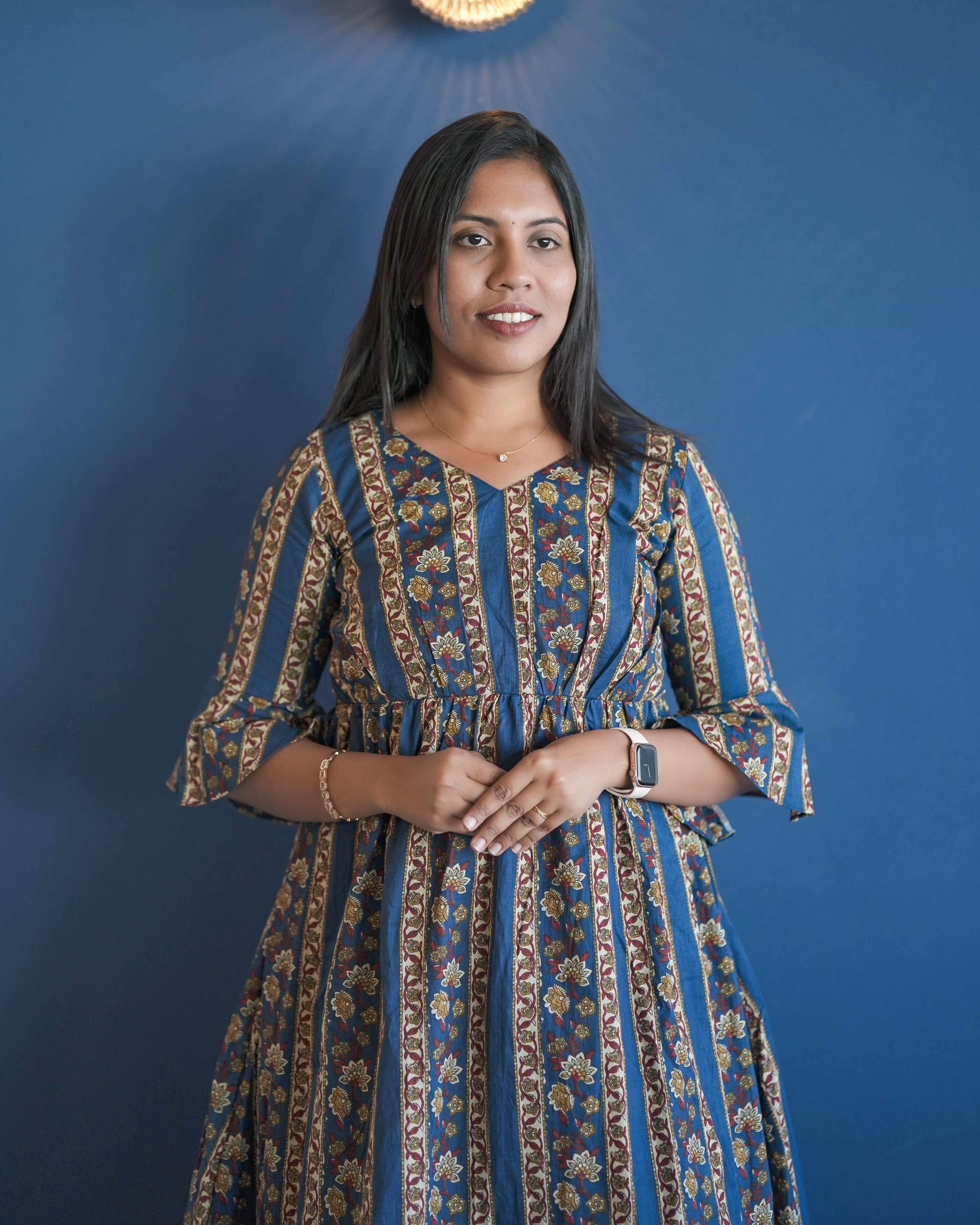 Blue Kalamkari Pattern Cotton Midi Maxi Dress for Women