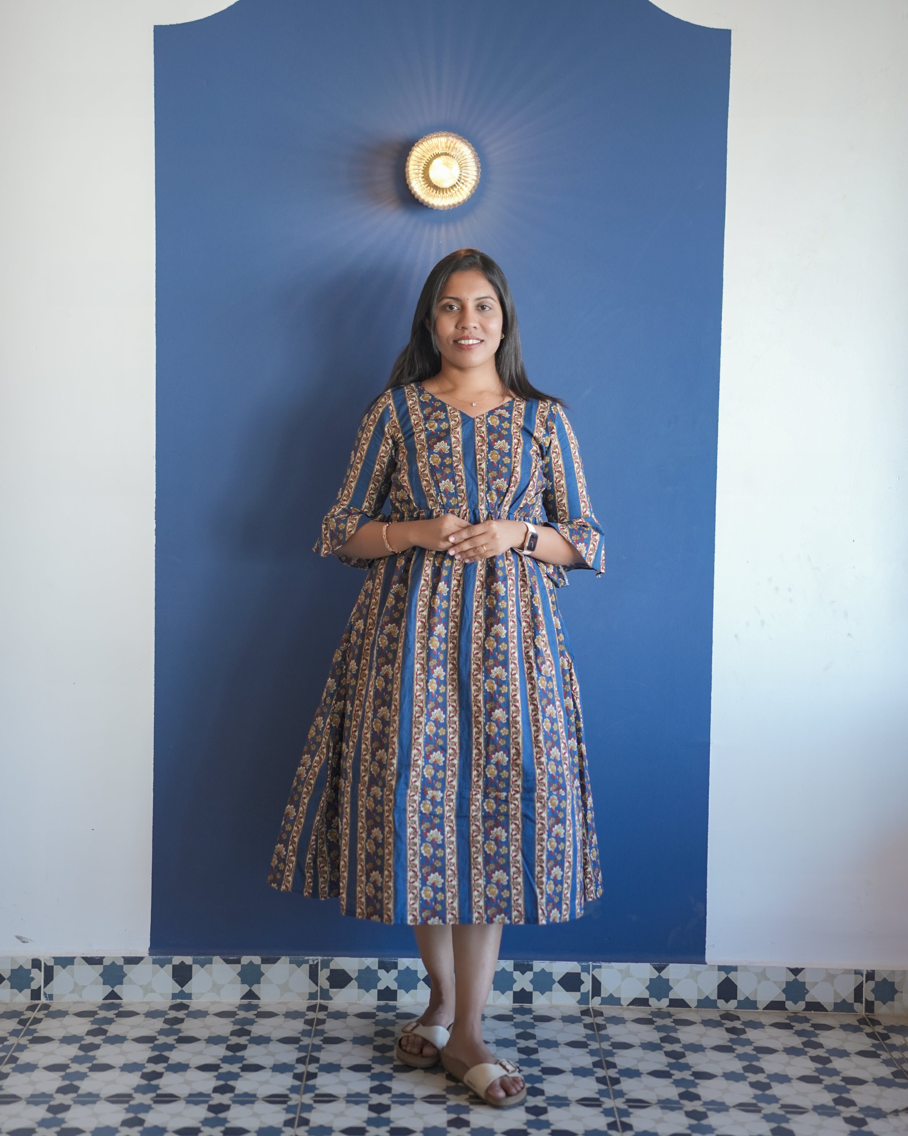 Blue Kalamkari Pattern Cotton Midi Maxi Dress for Women