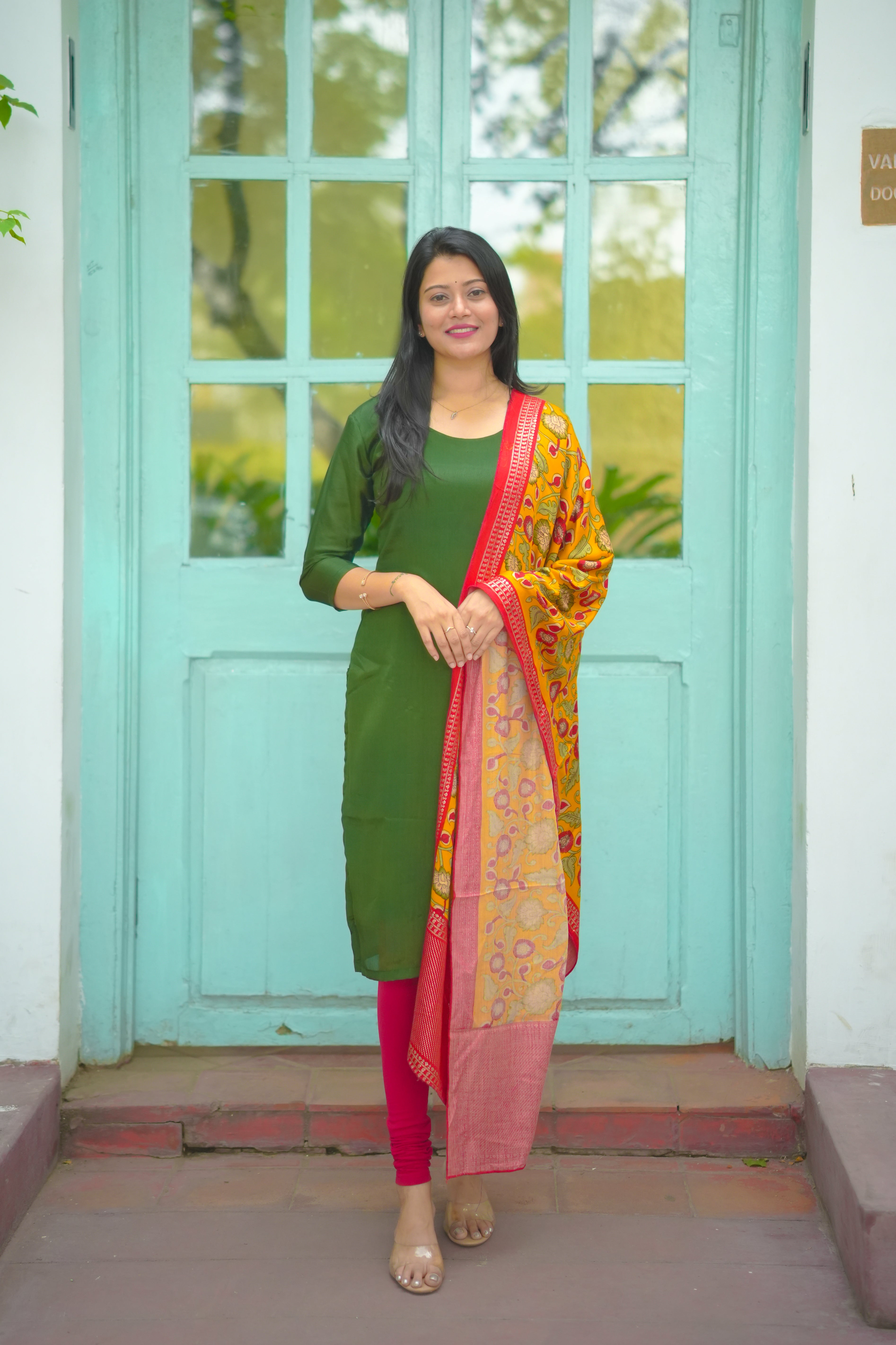 Green Kurti with Mustard Yellow Printed Dupatta
