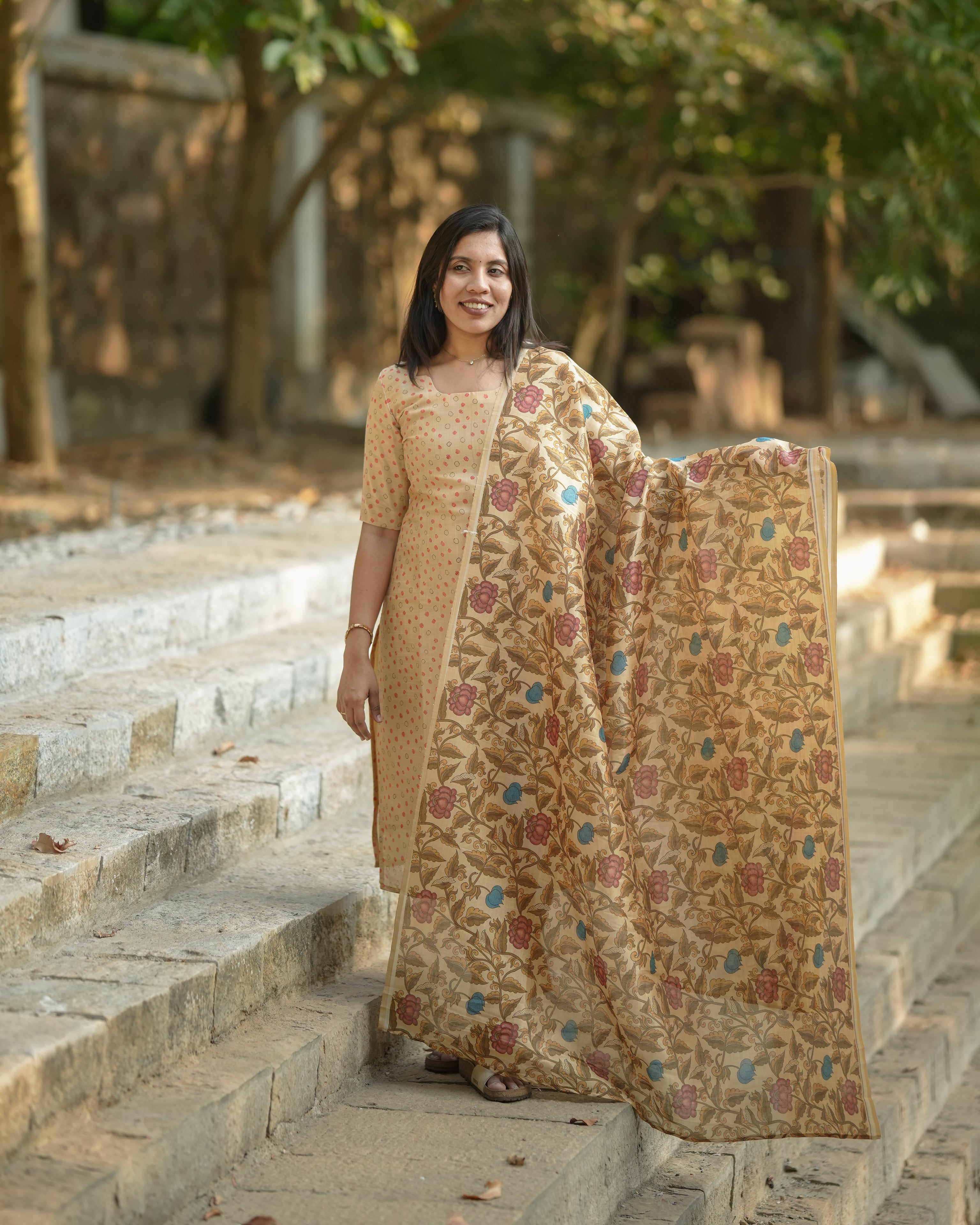 Beige Printed Kurta Set with Floral Dupatta