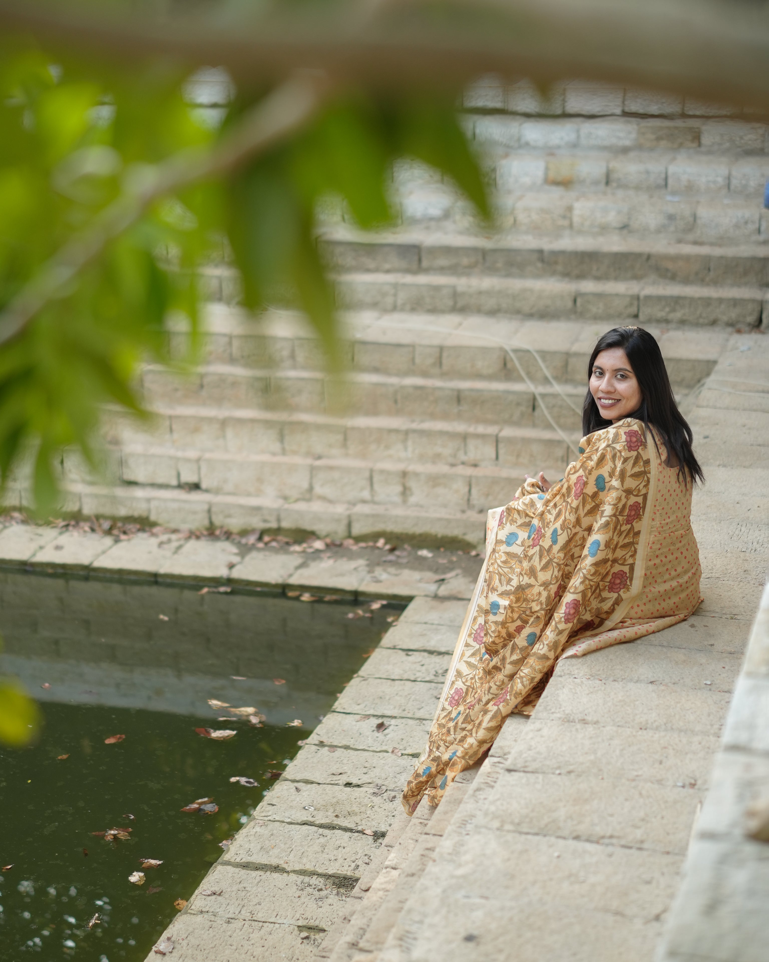 Beige Printed Kurta Set with Floral Dupatta