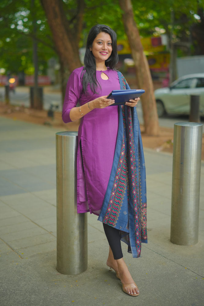 Violet kurti with Blue dupatta