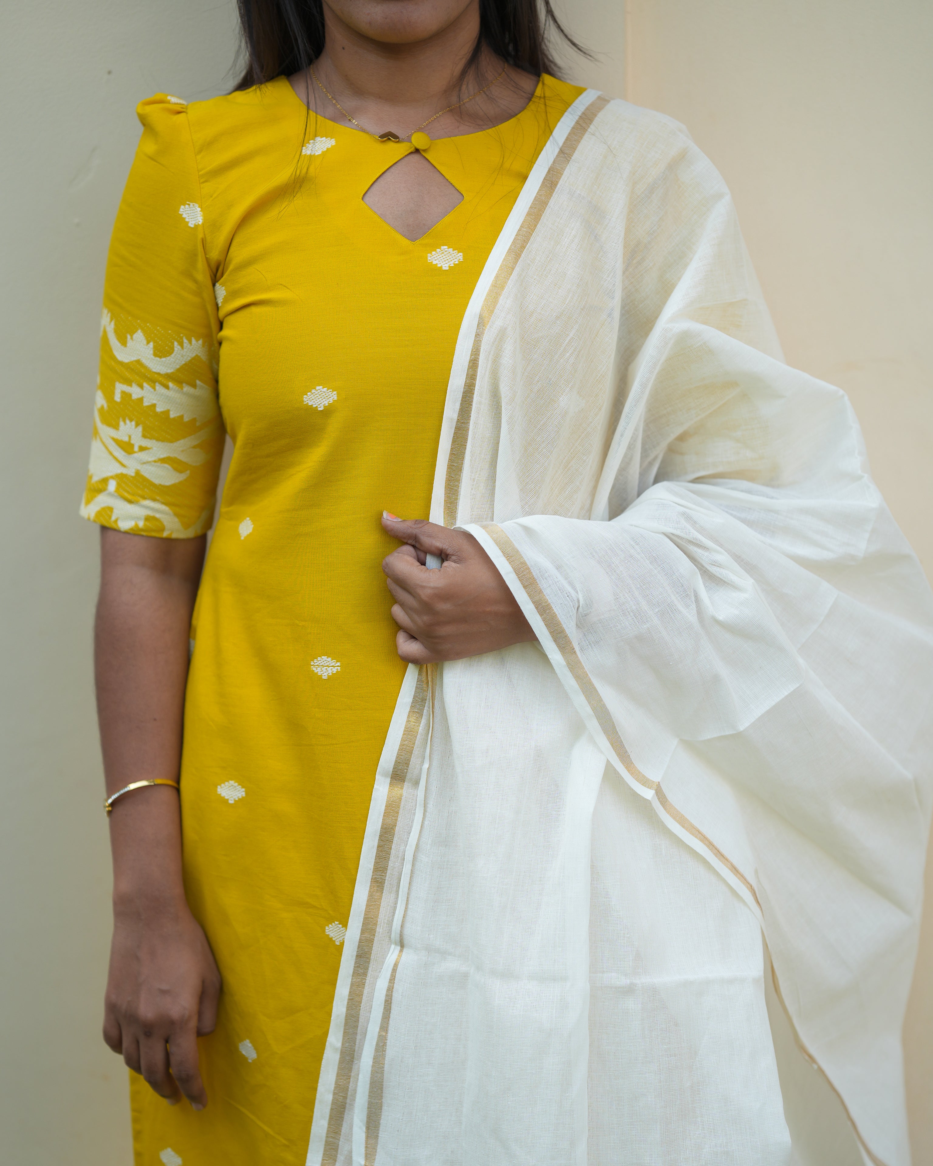 Yellow Kurti with White Kerala Dupatta