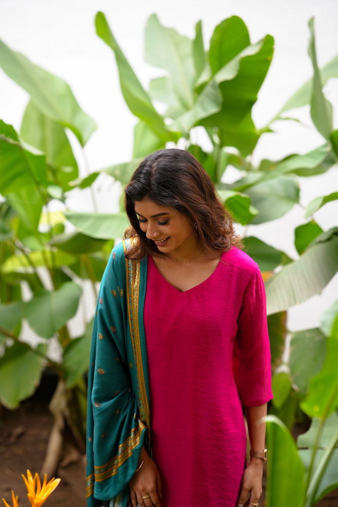 Pink Kurti with Teal Dupatta