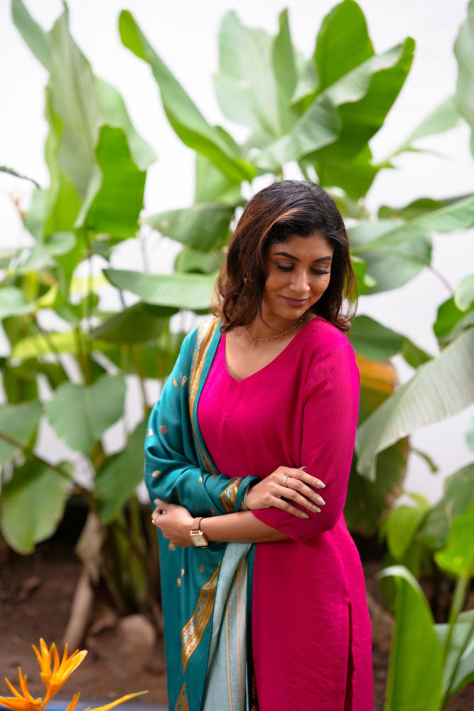 Pink Kurti with Teal Dupatta