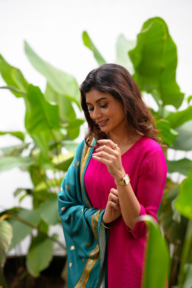 Pink Kurti with Teal Dupatta