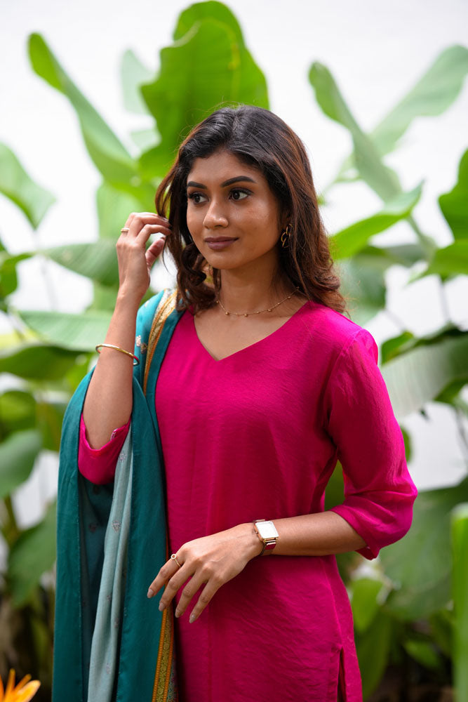 Pink Kurti with Teal Dupatta