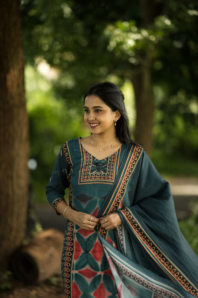 Teal Green Printed Kurti with Dupatta.