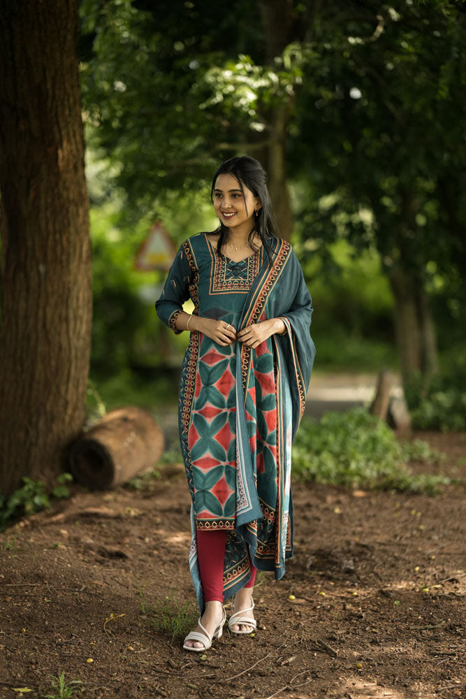 Teal Green Printed Kurti with Dupatta.
