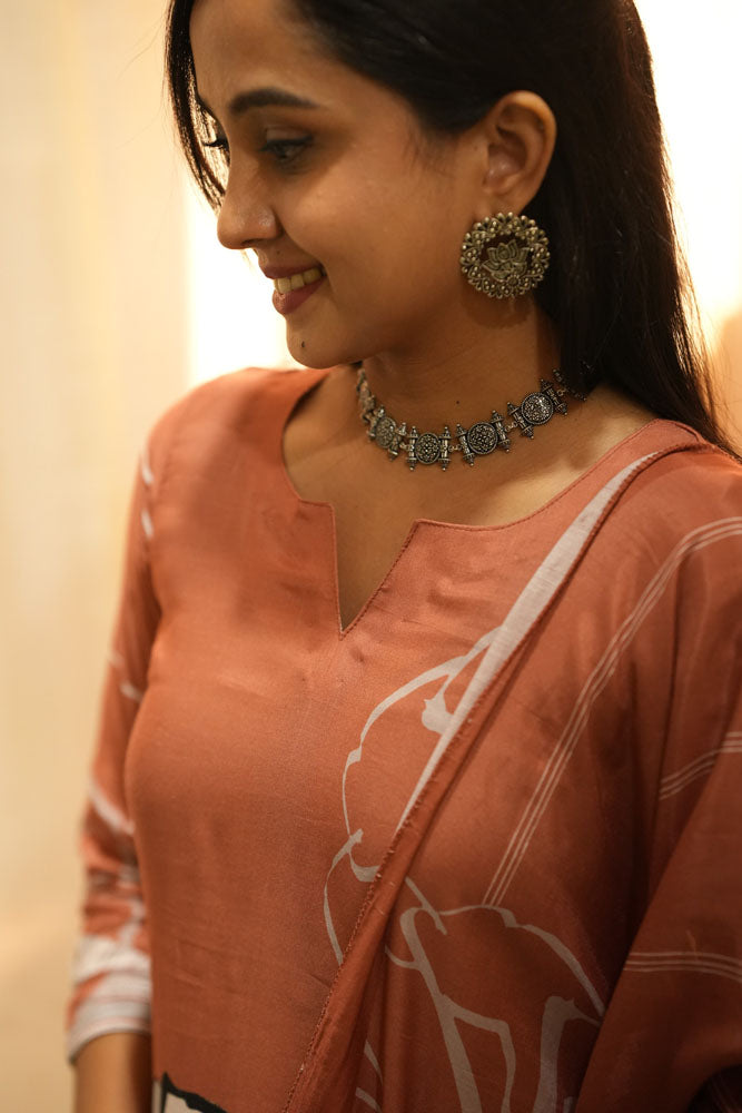 Rust Peach Floral Kurti with Dupatta
