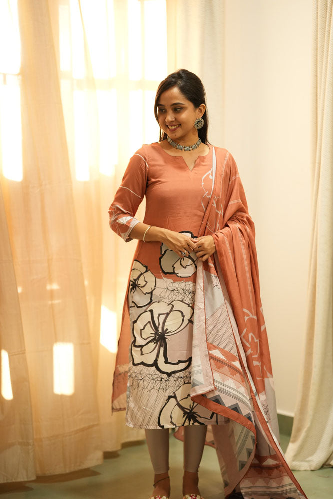 Rust Peach Floral Kurti with Dupatta