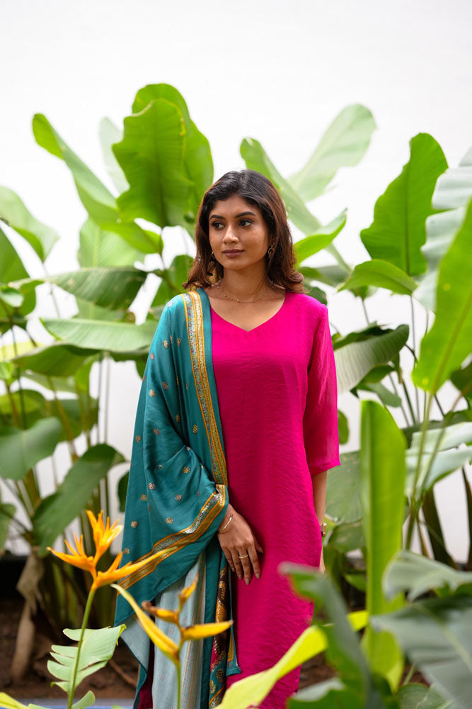 Pink Kurti with Teal Dupatta