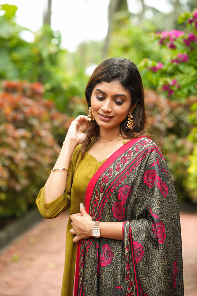 Olive Green Kurti with Rani Pink Printed Dupatta