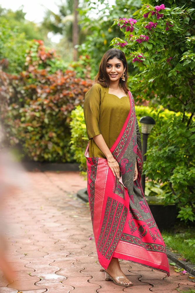 Olive Green Kurti with Rani Pink Printed Dupatta