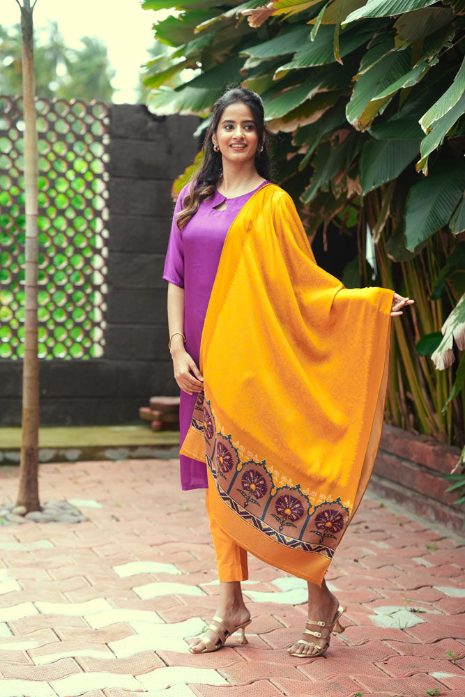 Purple Kurti with Mustard Printed Dupatta