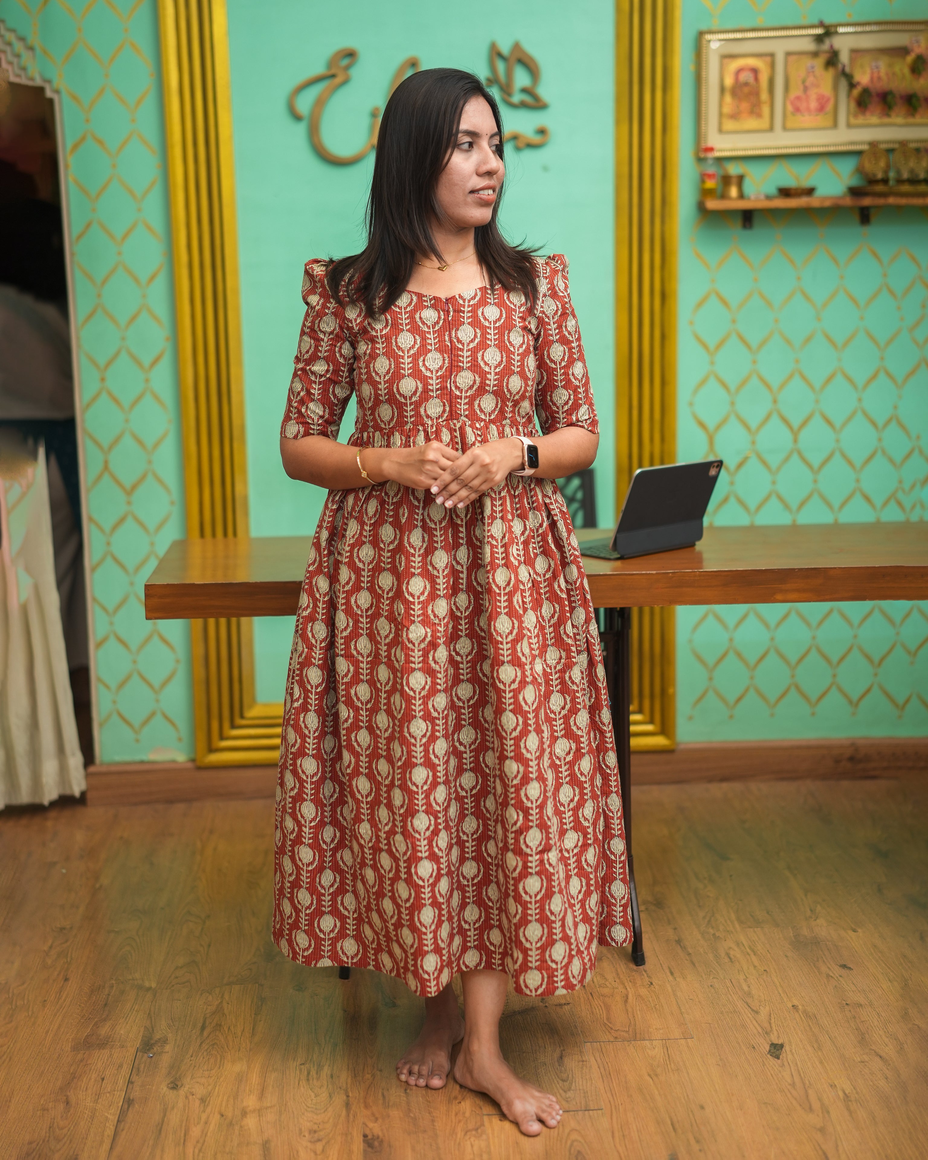 Red Printed Cotton Midi Maxi Dress for Women