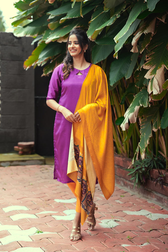 Purple Kurti with Mustard Printed Dupatta