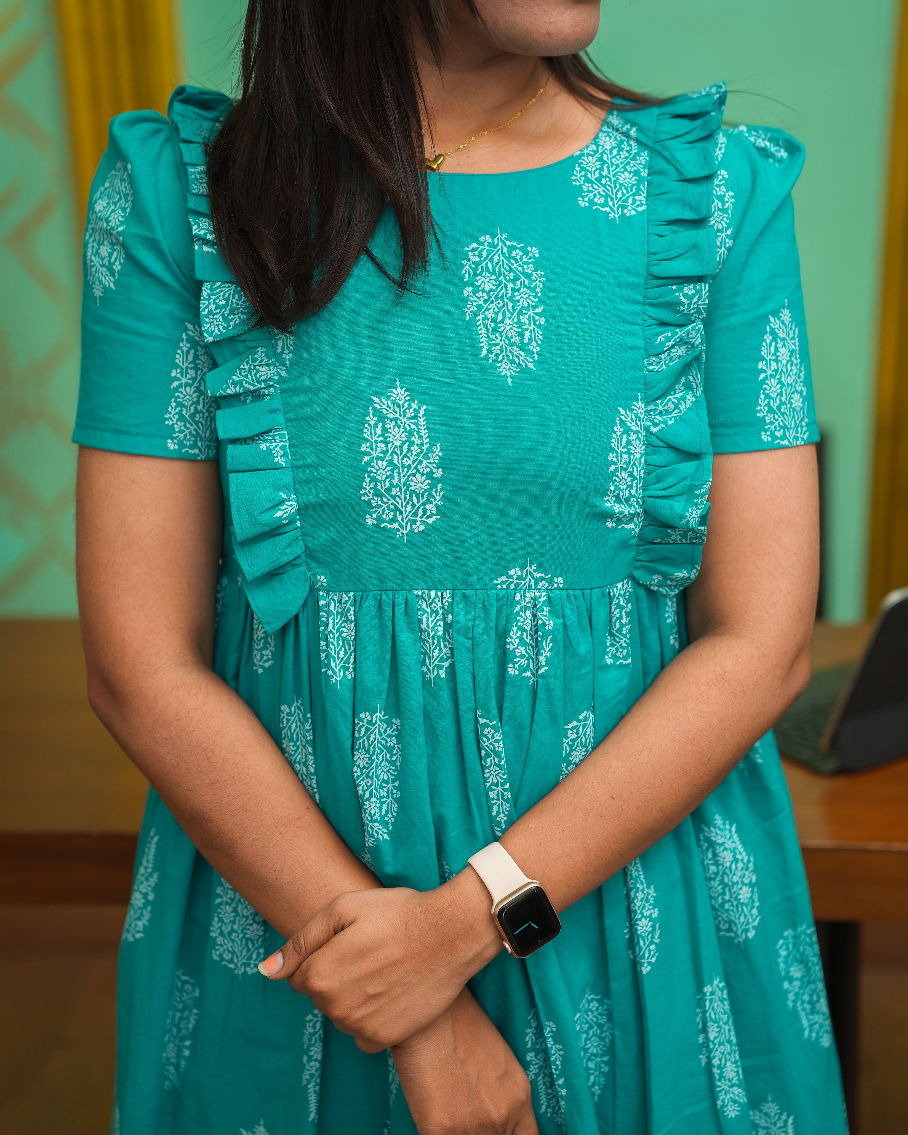 Turquoise Printed Ruffle Sleeve Midi Dress for Women