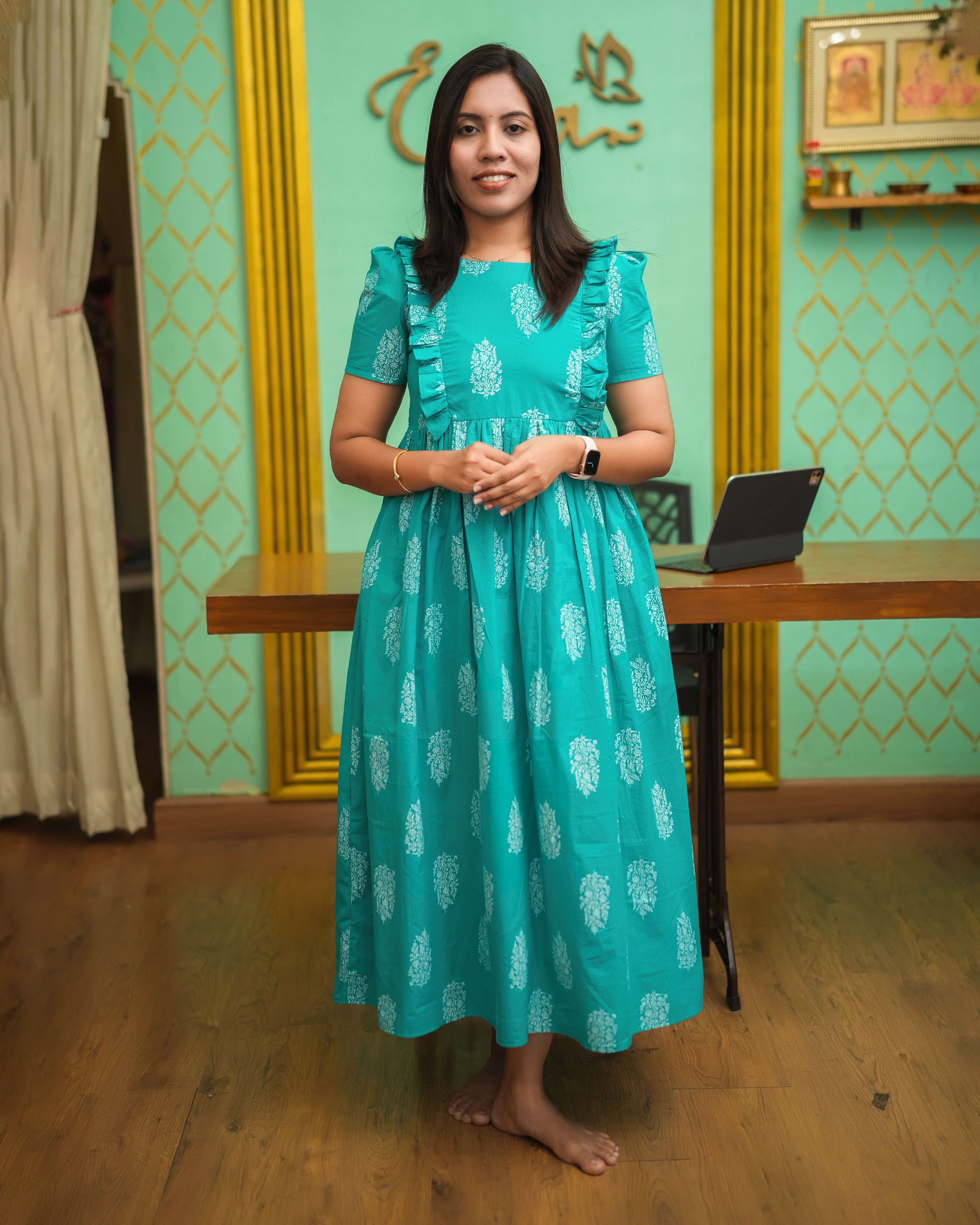 Turquoise Printed Ruffle Sleeve Midi Dress for Women