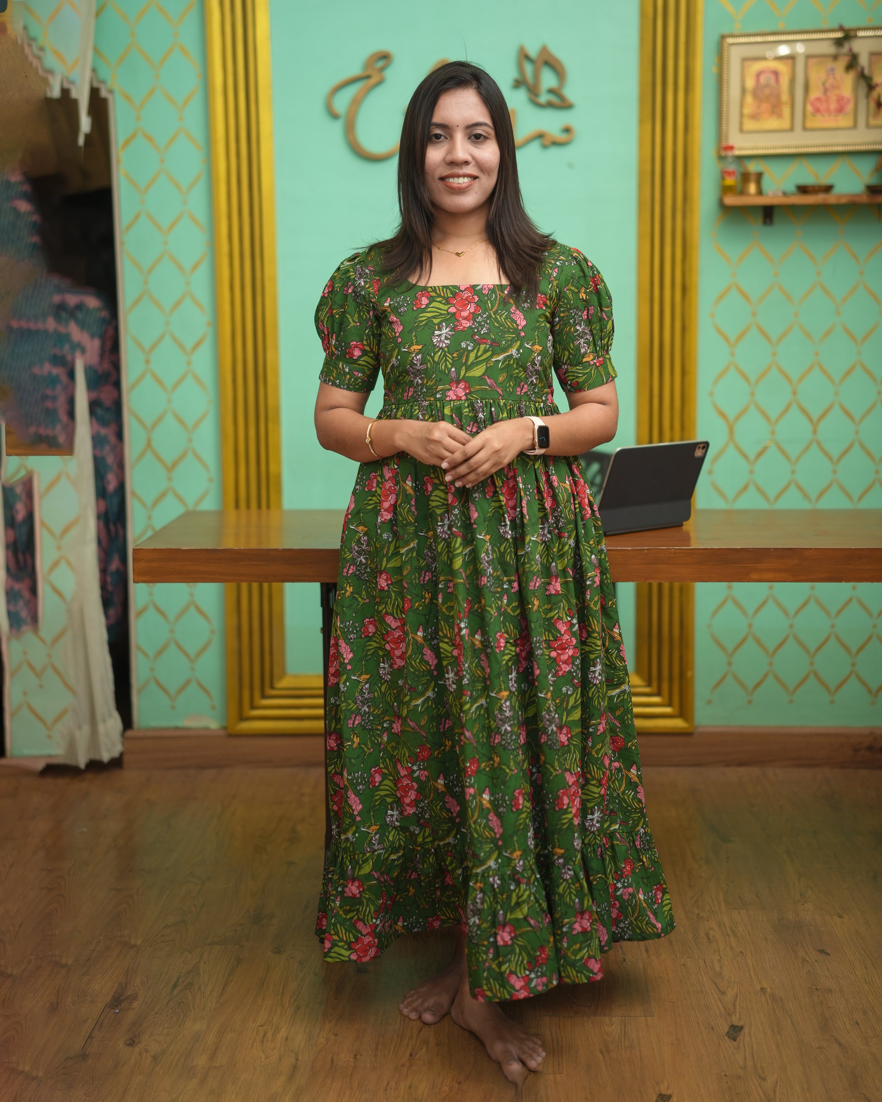 Green Floral Puff-Sleeve Maxi Dress for Women