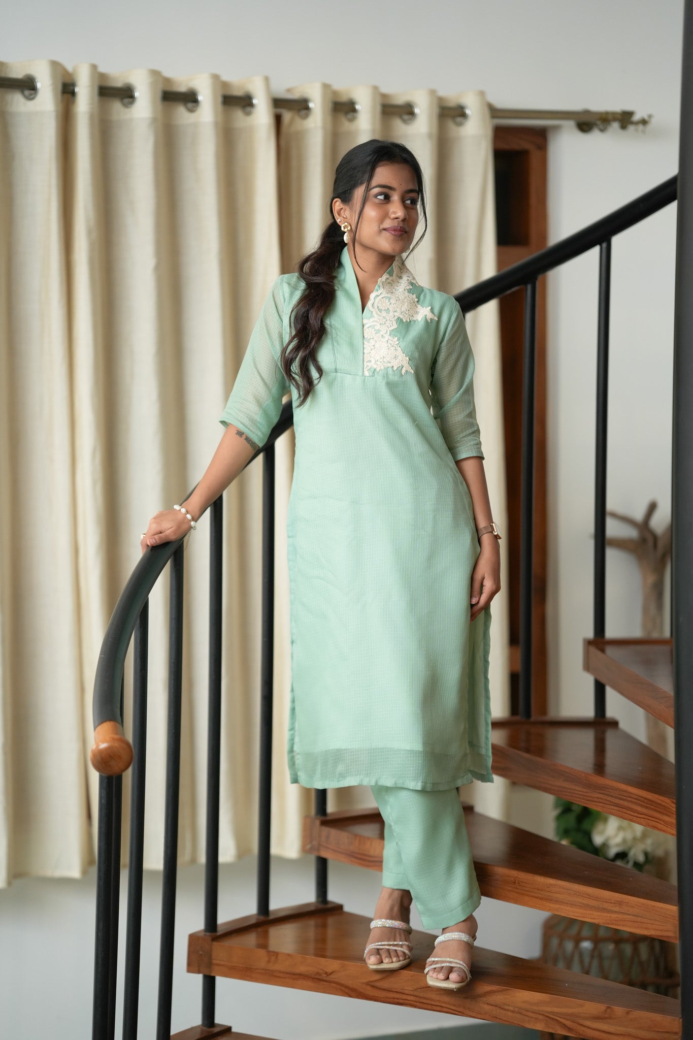 Mint Whisper Woven Kurti Coord Set
