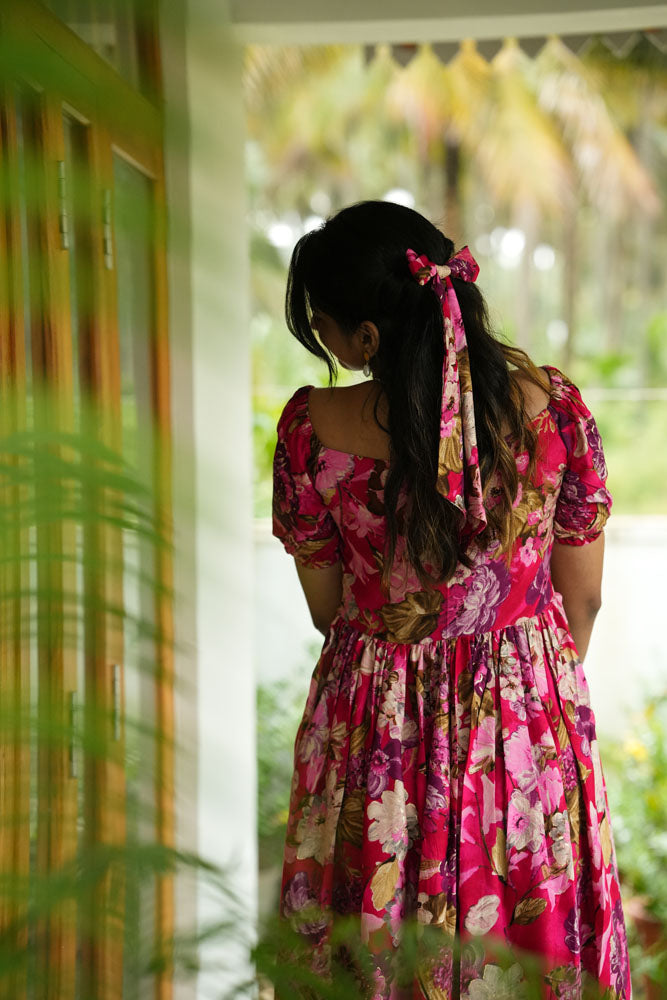 Crimson Red Floral Midi Dress