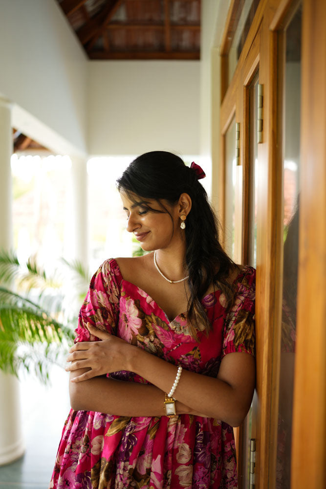 Crimson Red Floral Midi Dress
