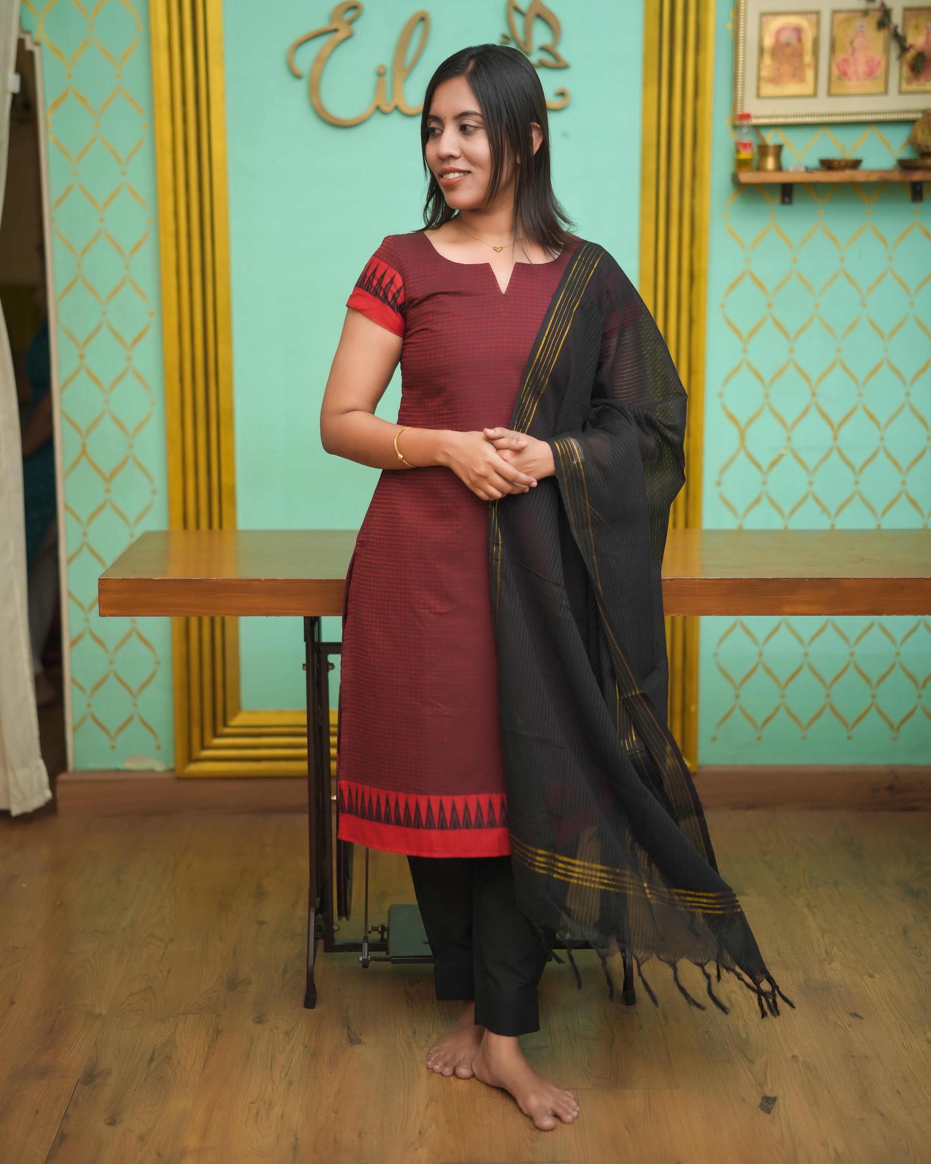 Maroon Cotton Kurti with Black Dupatta