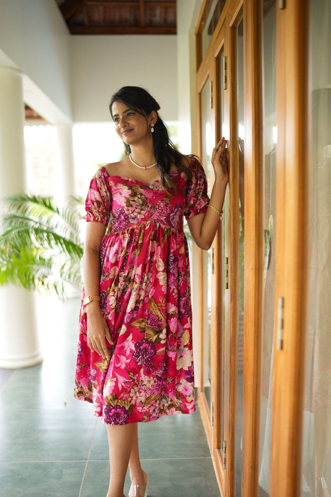 Crimson Red Floral Midi Dress