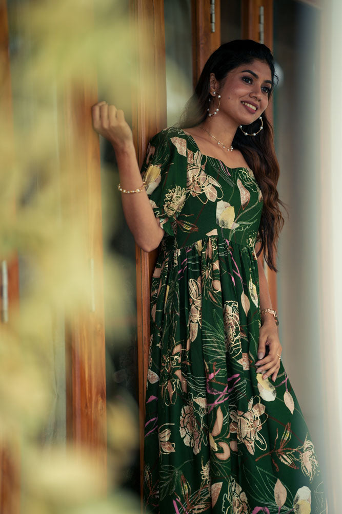 Forest Green Floral Midi Dress