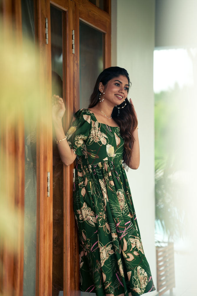 Forest Green Floral Midi Dress